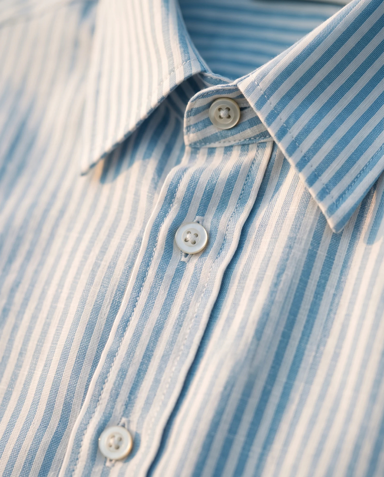 Sky Blue Bold-Stripe Short-Sleeve Cotton Shirt — Sky Blue Light Blue with Ivory White B — cropped shirts — VAUDRE numbered luxury — view 5