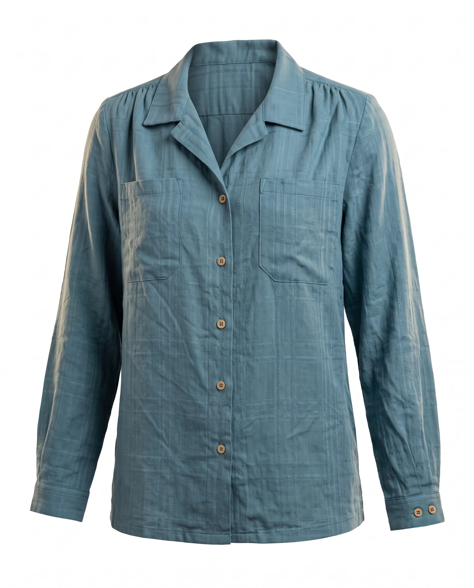 Teal Blue Textured-Check Long-Sleeve Cotton Shirt — Teal Blue Dusty Blue (tonal self-check — the blouses — VAUDRE numbered luxury