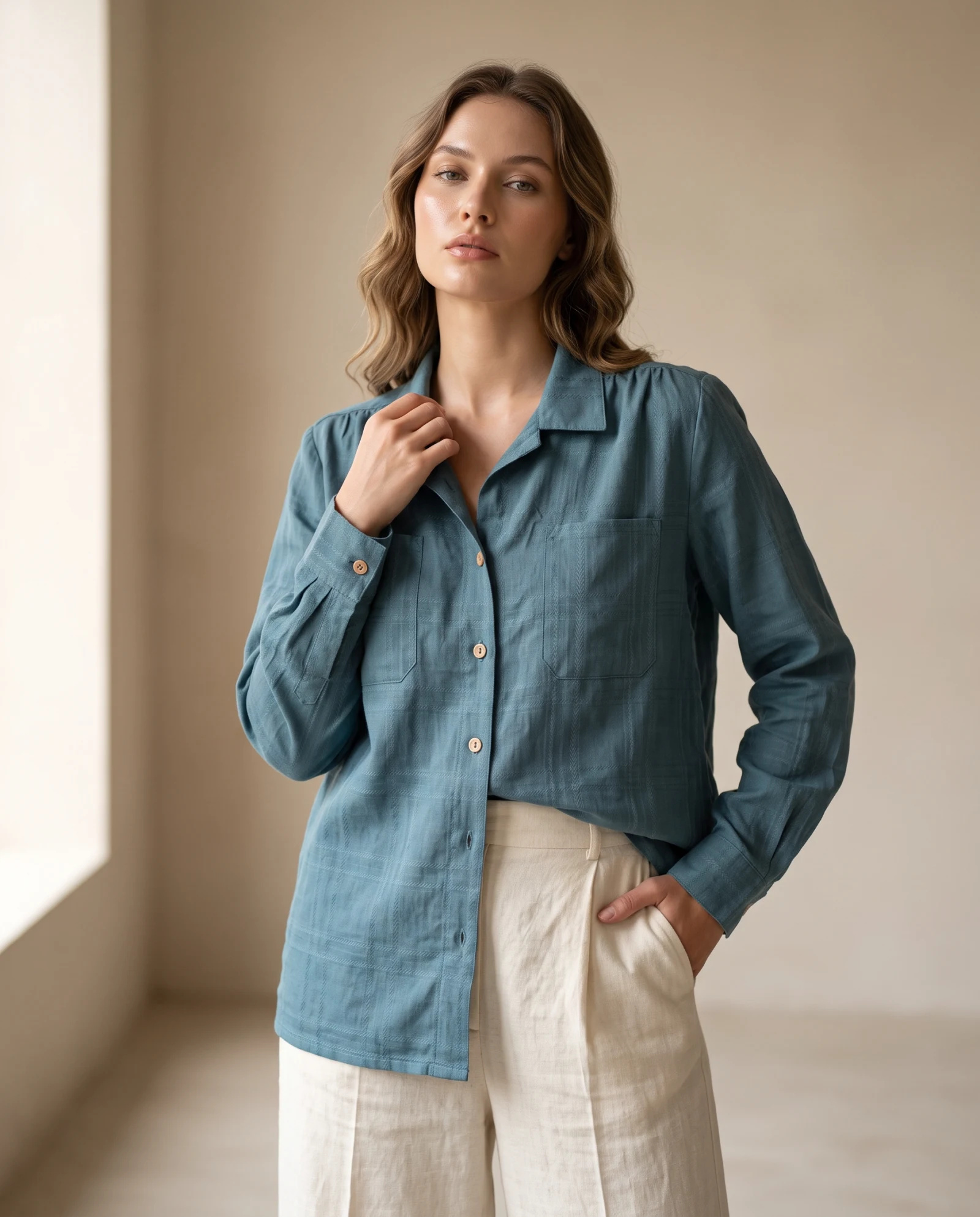 Teal Blue Textured-Check Long-Sleeve Cotton Shirt — Teal Blue Dusty Blue (tonal self-check — the blouses — VAUDRE numbered luxury — view 2