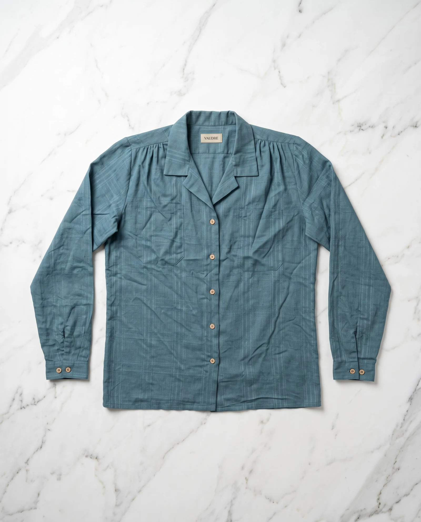 Teal Blue Textured-Check Long-Sleeve Cotton Shirt — Teal Blue Dusty Blue (tonal self-check — the blouses — VAUDRE numbered luxury — view 3