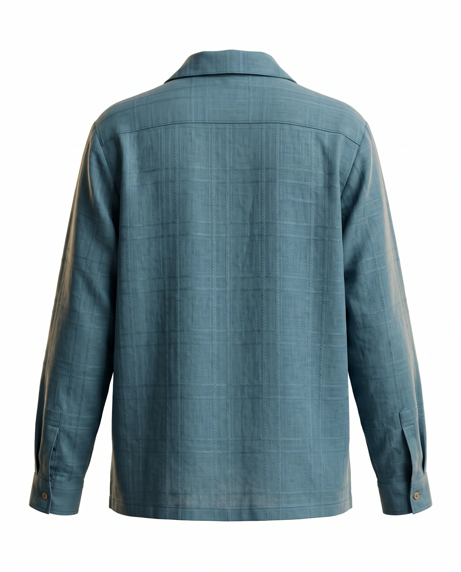 Teal Blue Textured-Check Long-Sleeve Cotton Shirt — Teal Blue Dusty Blue (tonal self-check — the blouses — VAUDRE numbered luxury — view 4