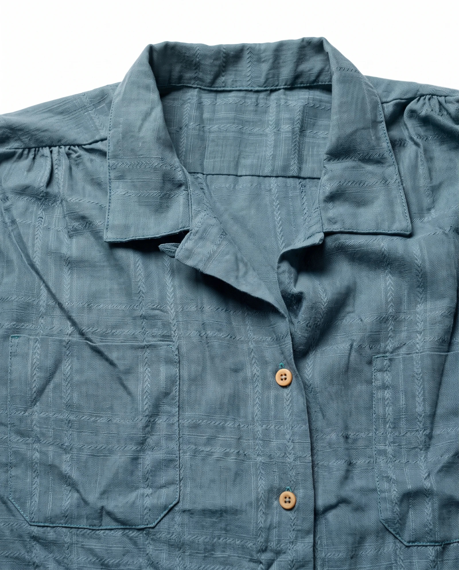Teal Blue Textured-Check Long-Sleeve Cotton Shirt — Teal Blue Dusty Blue (tonal self-check — the blouses — VAUDRE numbered luxury — view 5