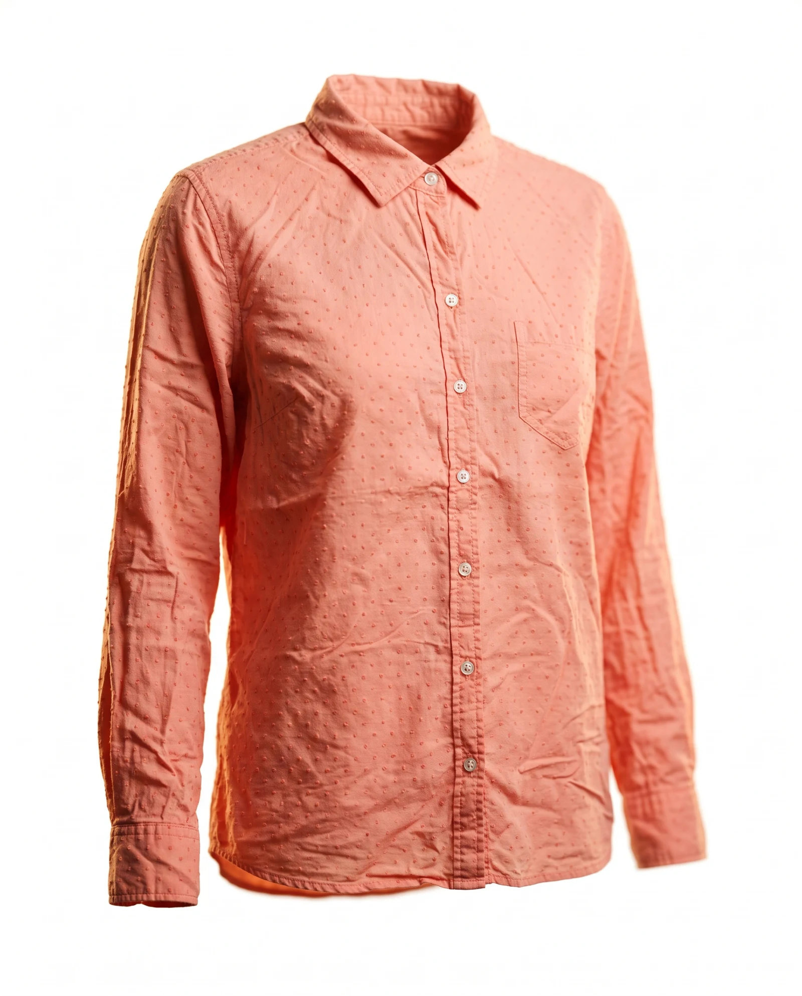 Coral Peach Swiss-Dot Long-Sleeve Cotton Shirt — Coral Peach Warm Salmon (tonal Swiss-d — the blouses — VAUDRE numbered luxury
