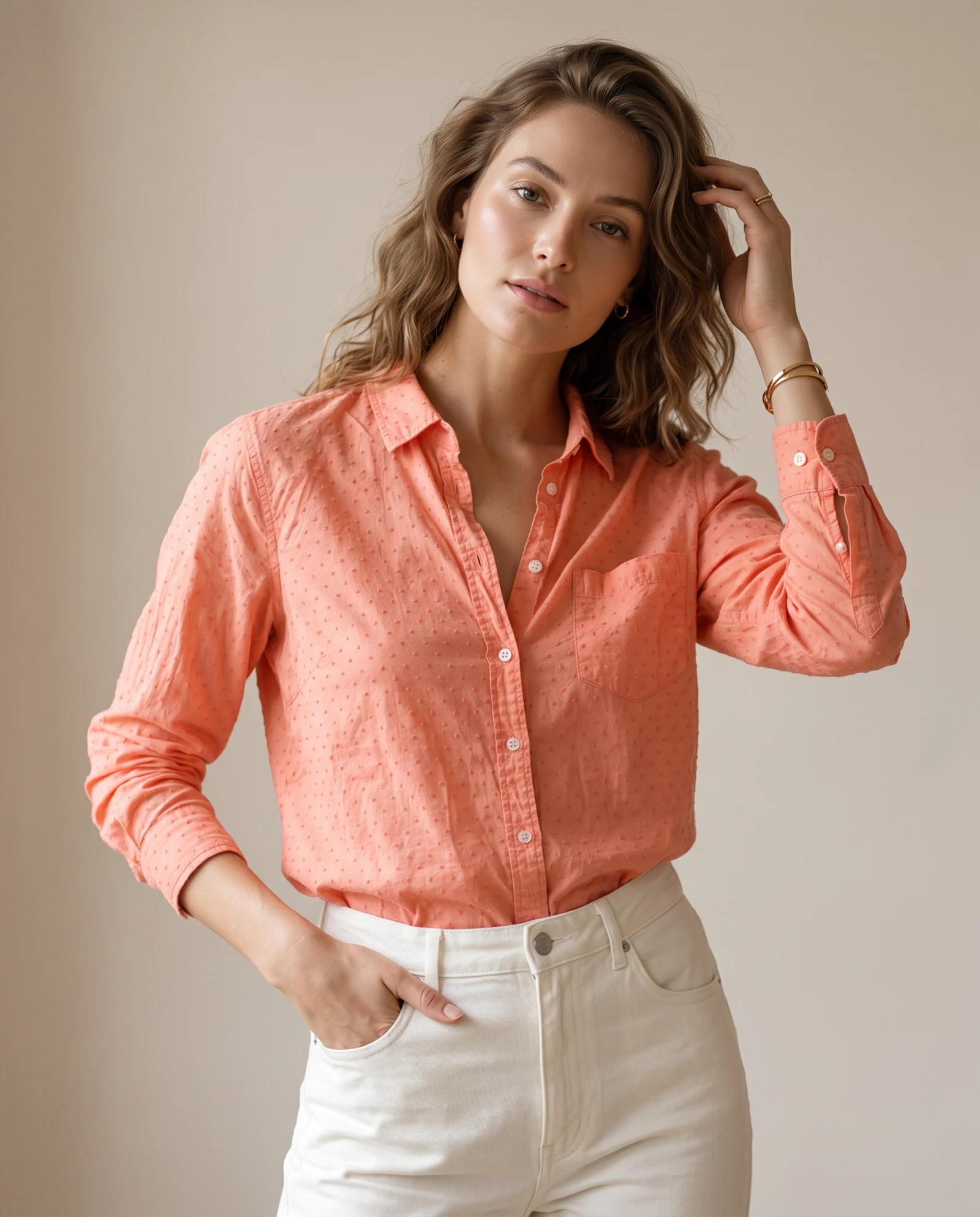 Coral Peach Swiss-Dot Long-Sleeve Cotton Shirt — Coral Peach Warm Salmon (tonal Swiss-d — the blouses — VAUDRE numbered luxury — view 2