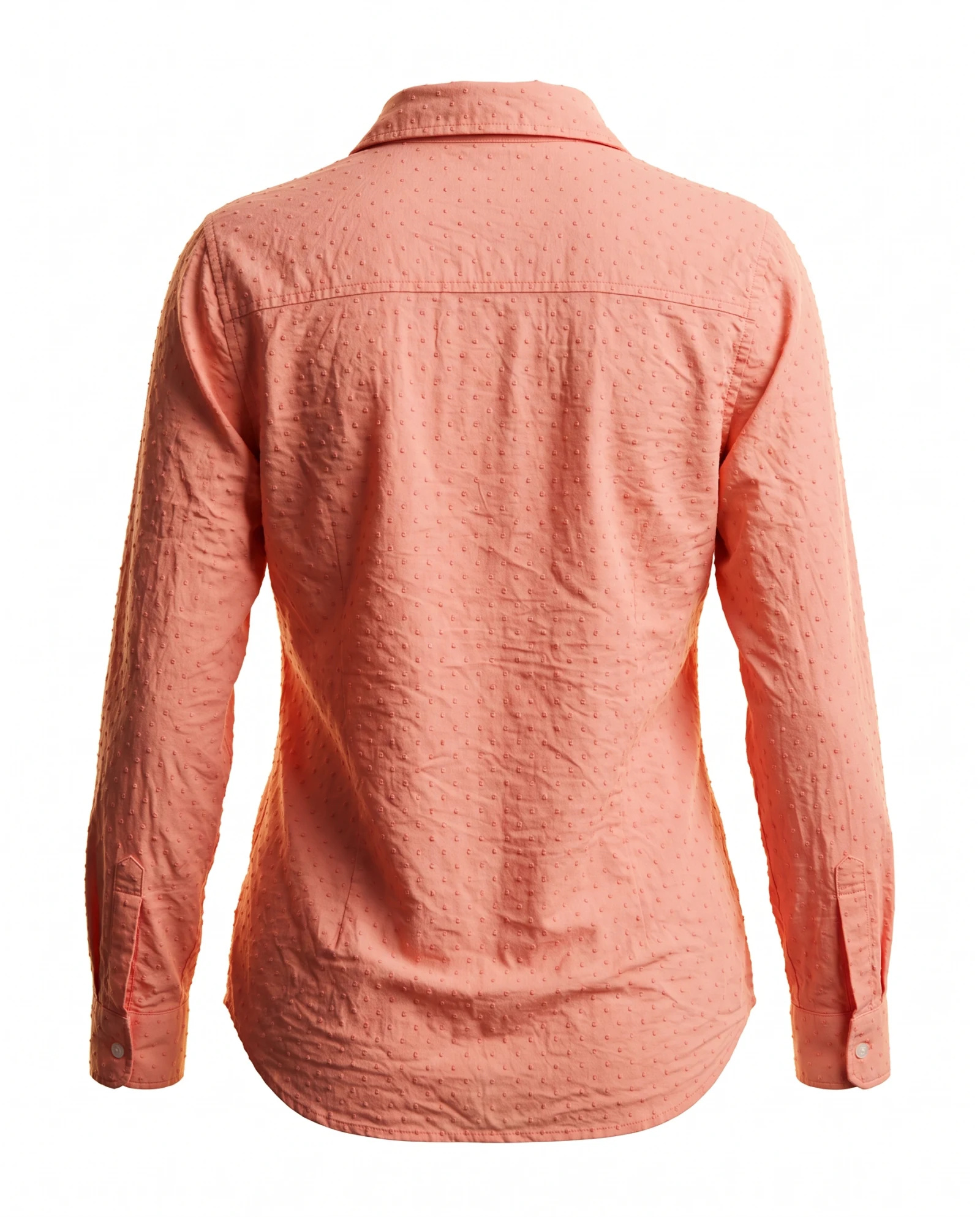 Coral Peach Swiss-Dot Long-Sleeve Cotton Shirt — Coral Peach Warm Salmon (tonal Swiss-d — the blouses — VAUDRE numbered luxury — view 3