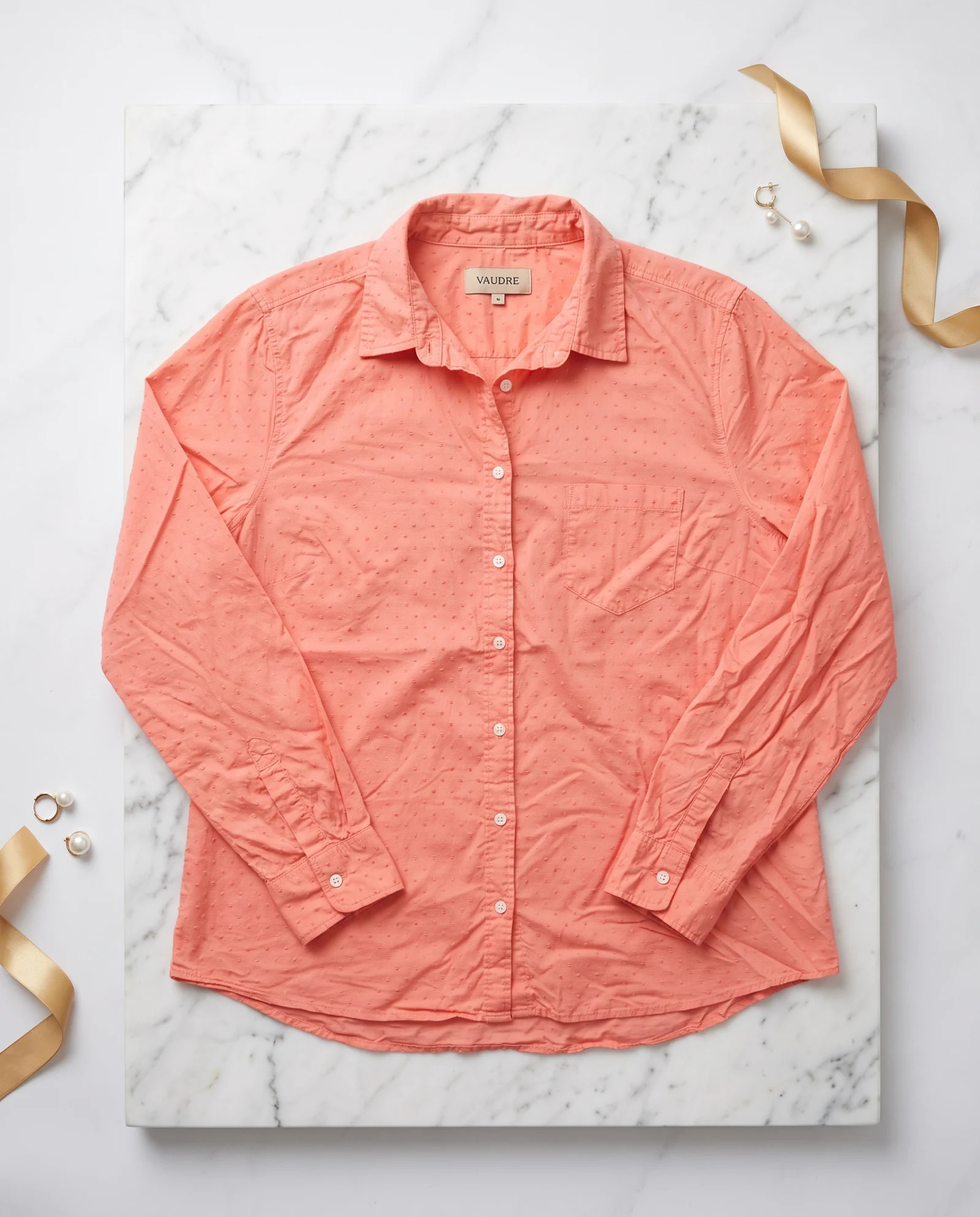 Coral Peach Swiss-Dot Long-Sleeve Cotton Shirt — Coral Peach Warm Salmon (tonal Swiss-d — the blouses — VAUDRE numbered luxury — view 4