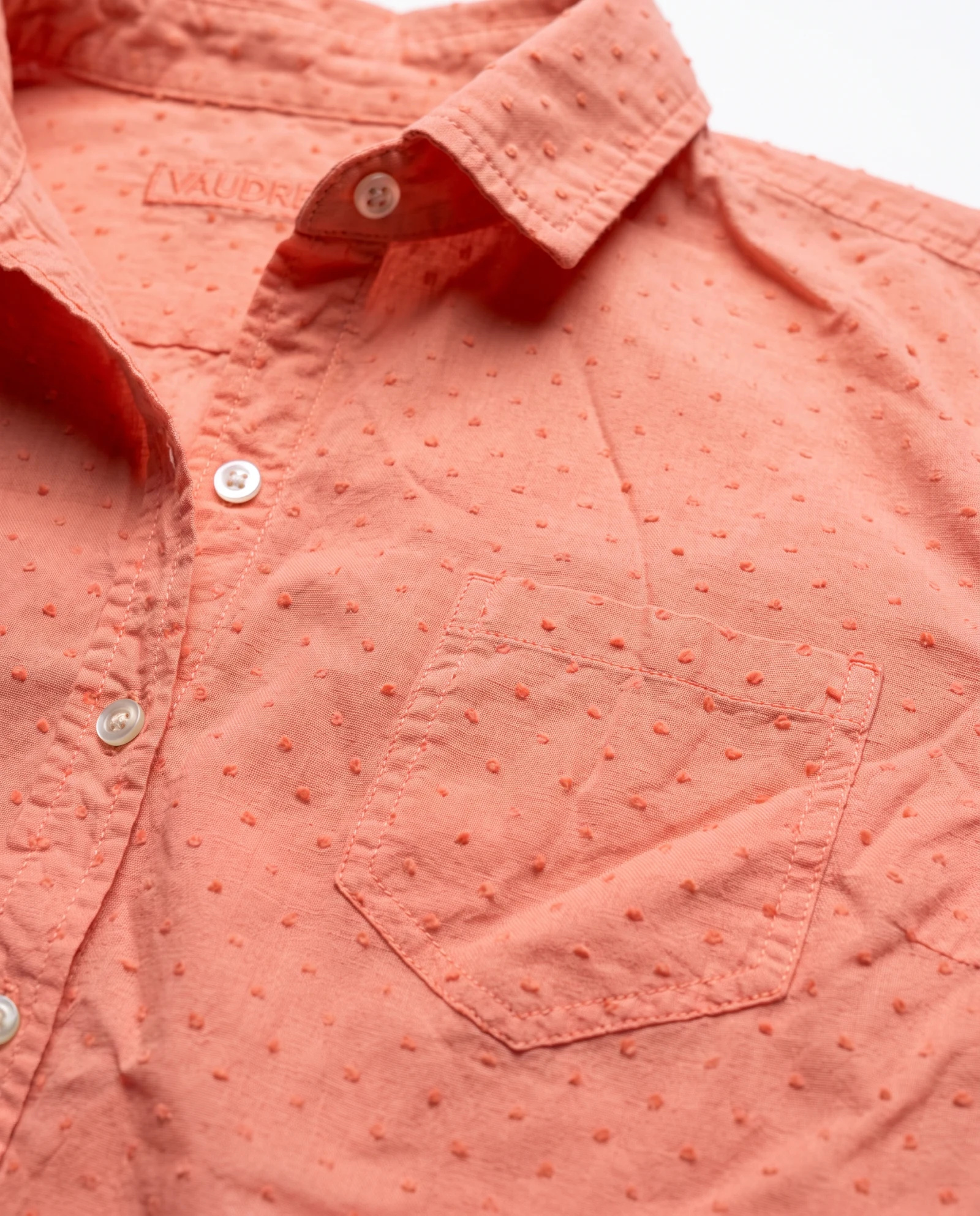 Coral Peach Swiss-Dot Long-Sleeve Cotton Shirt — Coral Peach Warm Salmon (tonal Swiss-d — the blouses — VAUDRE numbered luxury — view 5