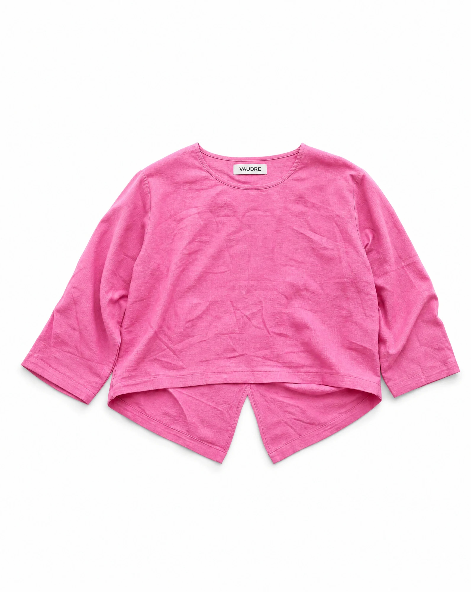 Fuchsia Pink Split-Back Cropped Linen Top — Fuchsia Pink Hot Pink — crop tops — VAUDRE numbered luxury — view 2