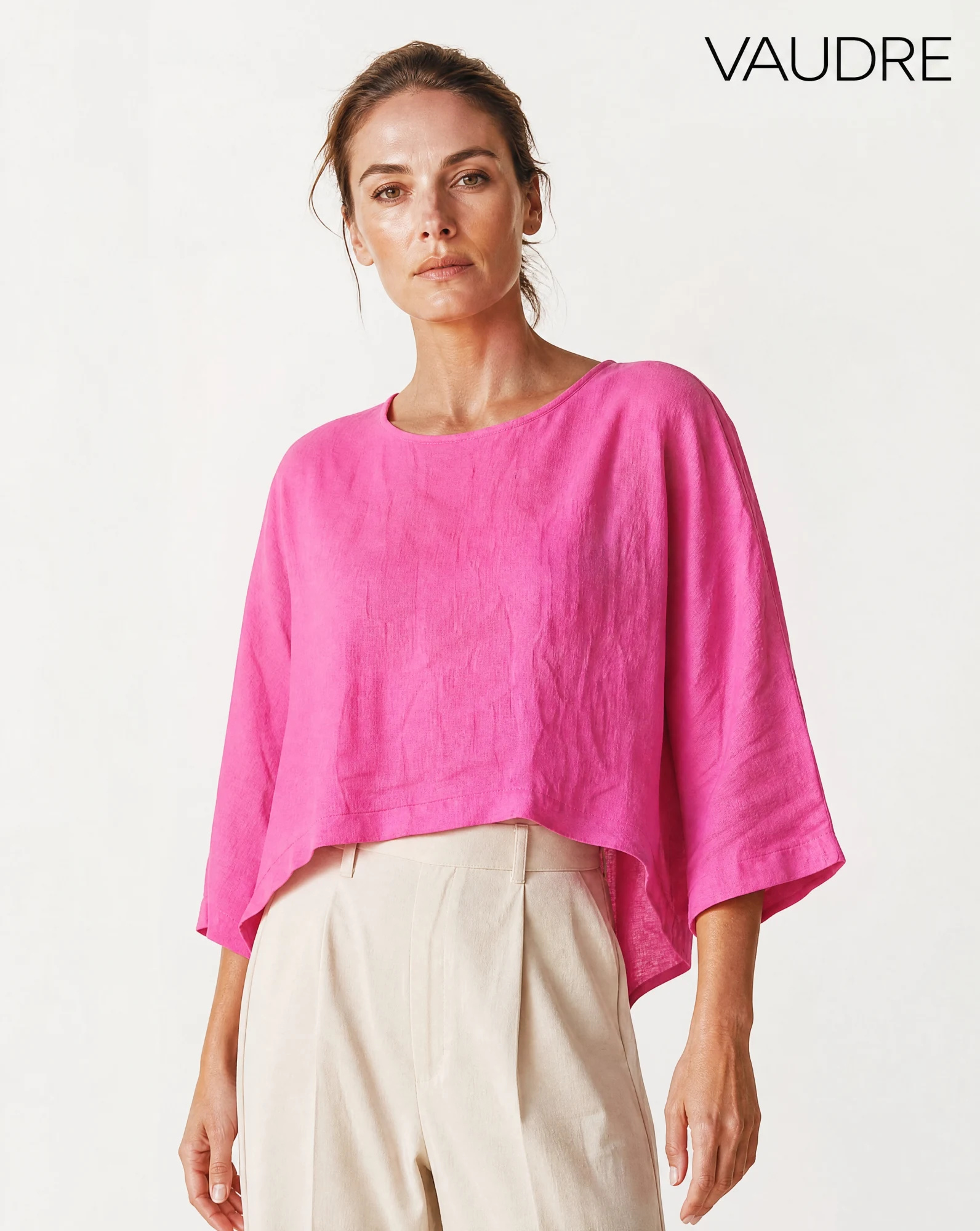 Fuchsia Pink Split-Back Cropped Linen Top — Fuchsia Pink Hot Pink — crop tops — VAUDRE numbered luxury — view 3