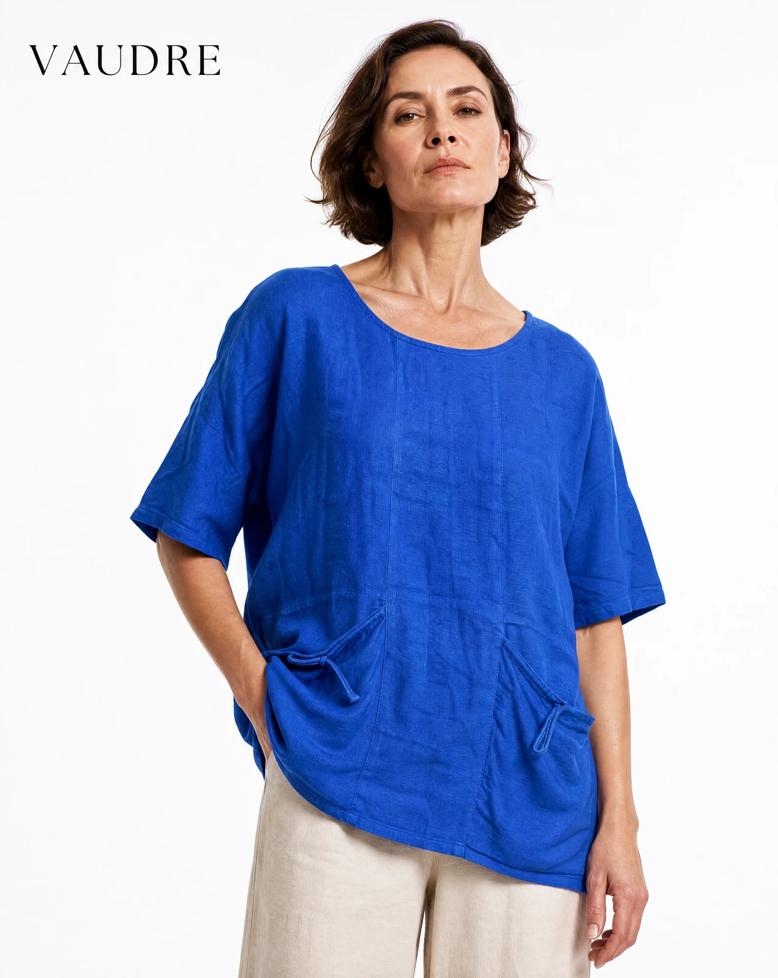 Cobalt Blue Slouch-Pocket Boxy Linen Top — Cobalt Blue Royal Blue (rich electric — the blouses — VAUDRE numbered luxury — view 2