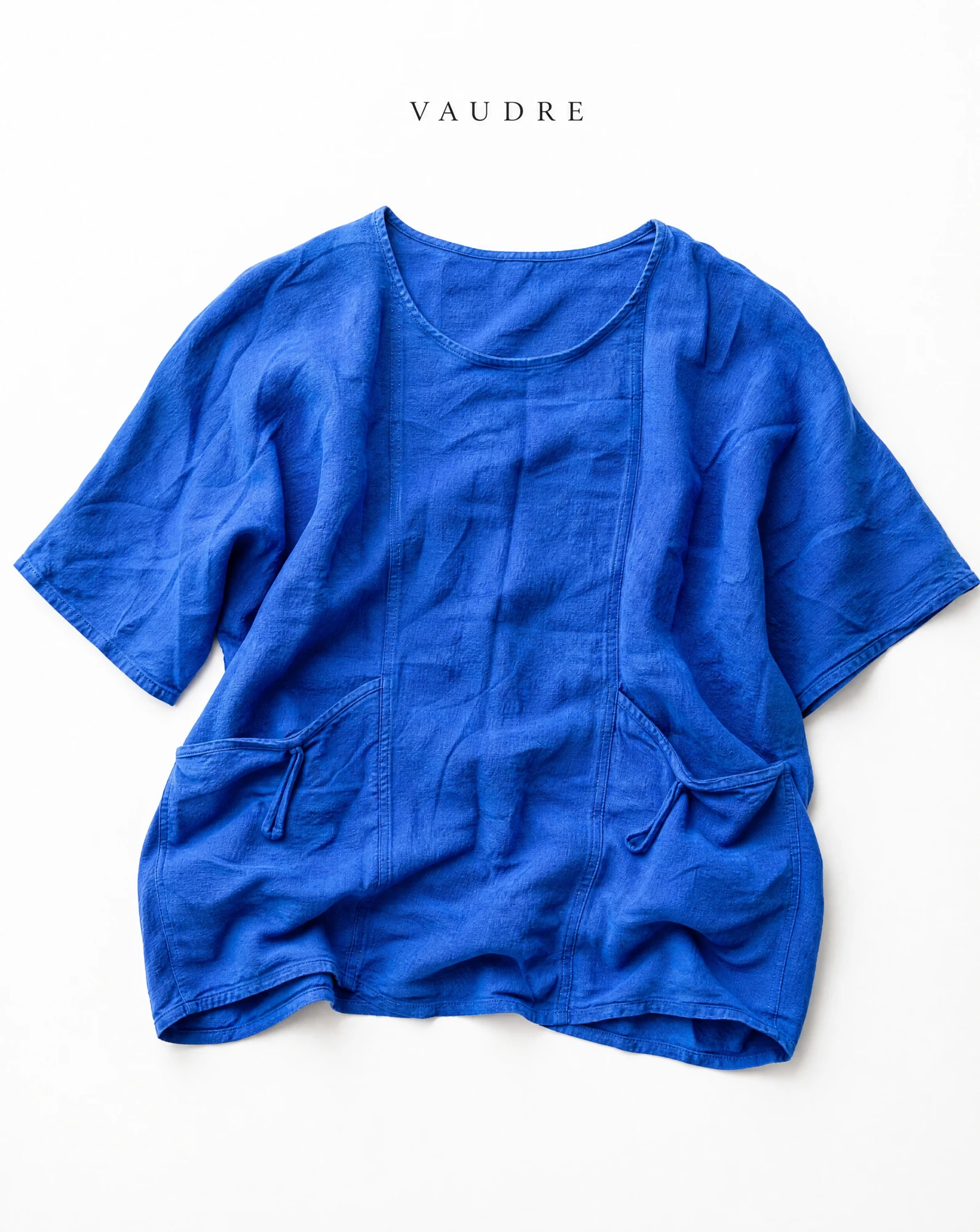 Cobalt Blue Slouch-Pocket Boxy Linen Top — Cobalt Blue Royal Blue (rich electric — the blouses — VAUDRE numbered luxury — view 3