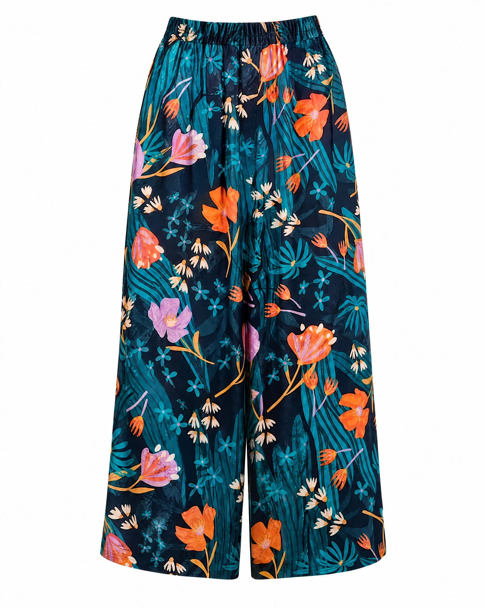 Midnight Garden Floral Wide-Leg Culotte linen Trousers — Midnight Navy base with Teal Foliage Co — the linen edit — VAUDRE numbered luxury