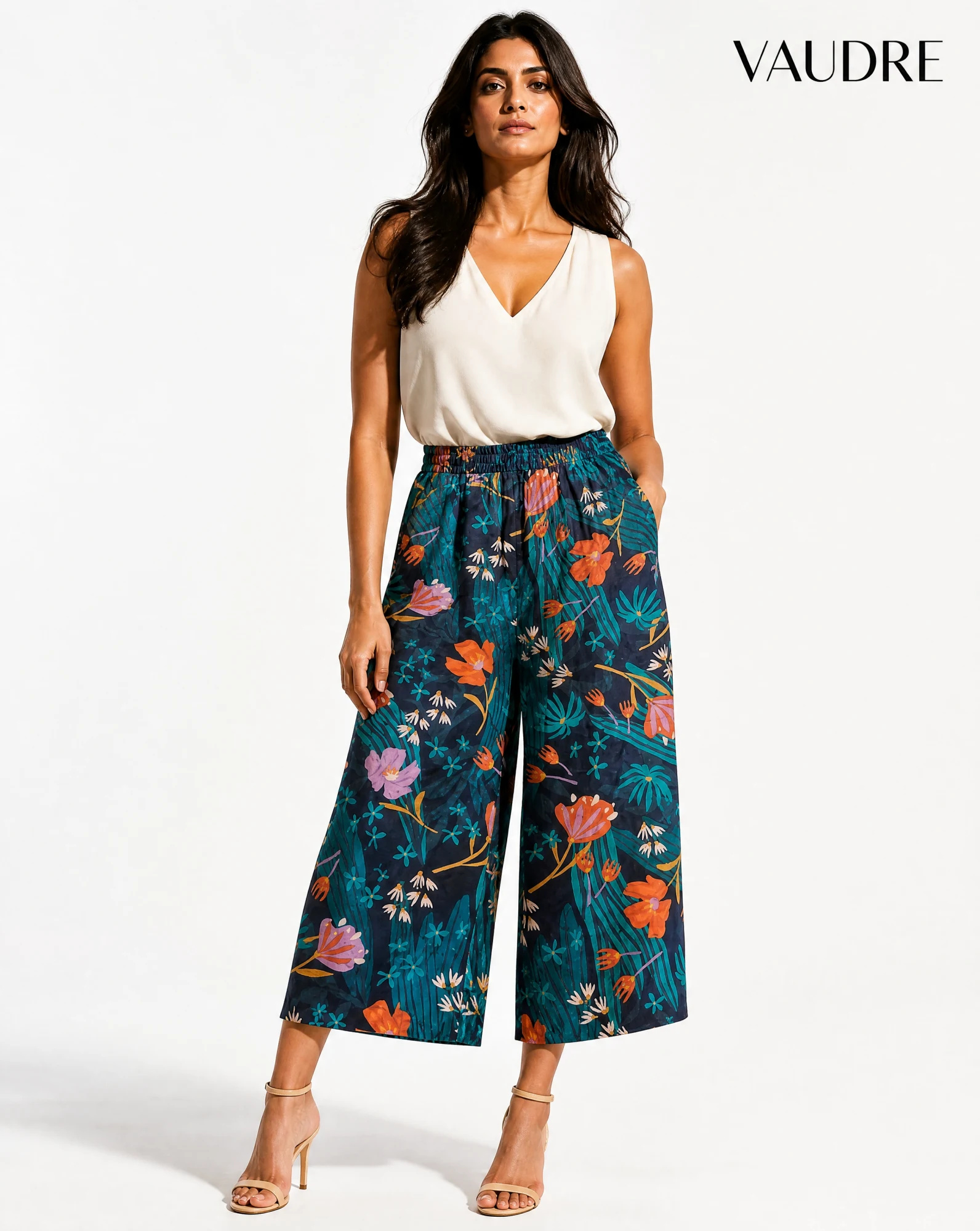 Midnight Garden Floral Wide-Leg Culotte linen Trousers — Midnight Navy base with Teal Foliage Co — the linen edit — VAUDRE numbered luxury — view 2