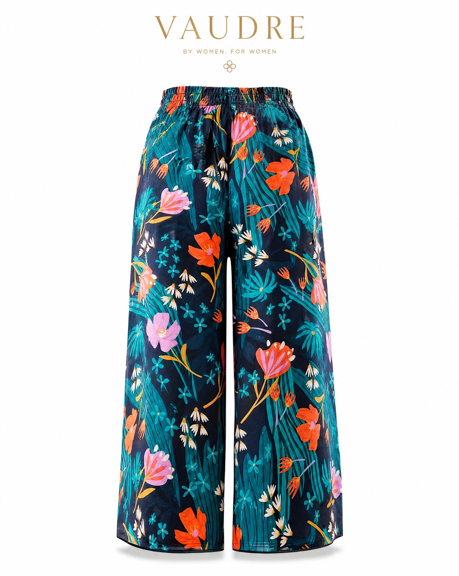 Midnight Garden Floral Wide-Leg Culotte linen Trousers — Midnight Navy base with Teal Foliage Co — the linen edit — VAUDRE numbered luxury — view 3