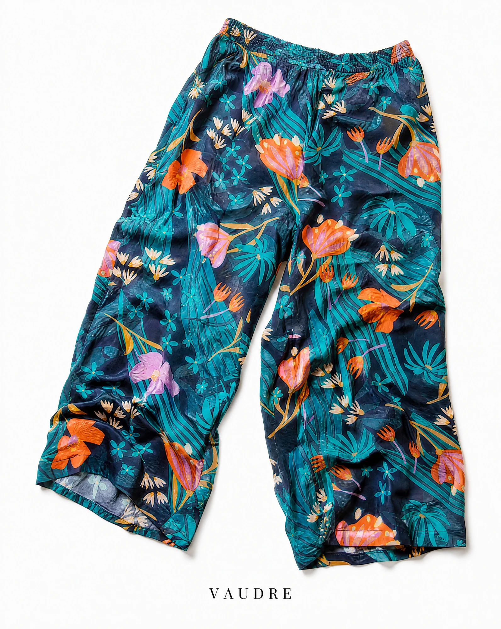 Midnight Garden Floral Wide-Leg Culotte linen Trousers — Midnight Navy base with Teal Foliage Co — the linen edit — VAUDRE numbered luxury — view 4