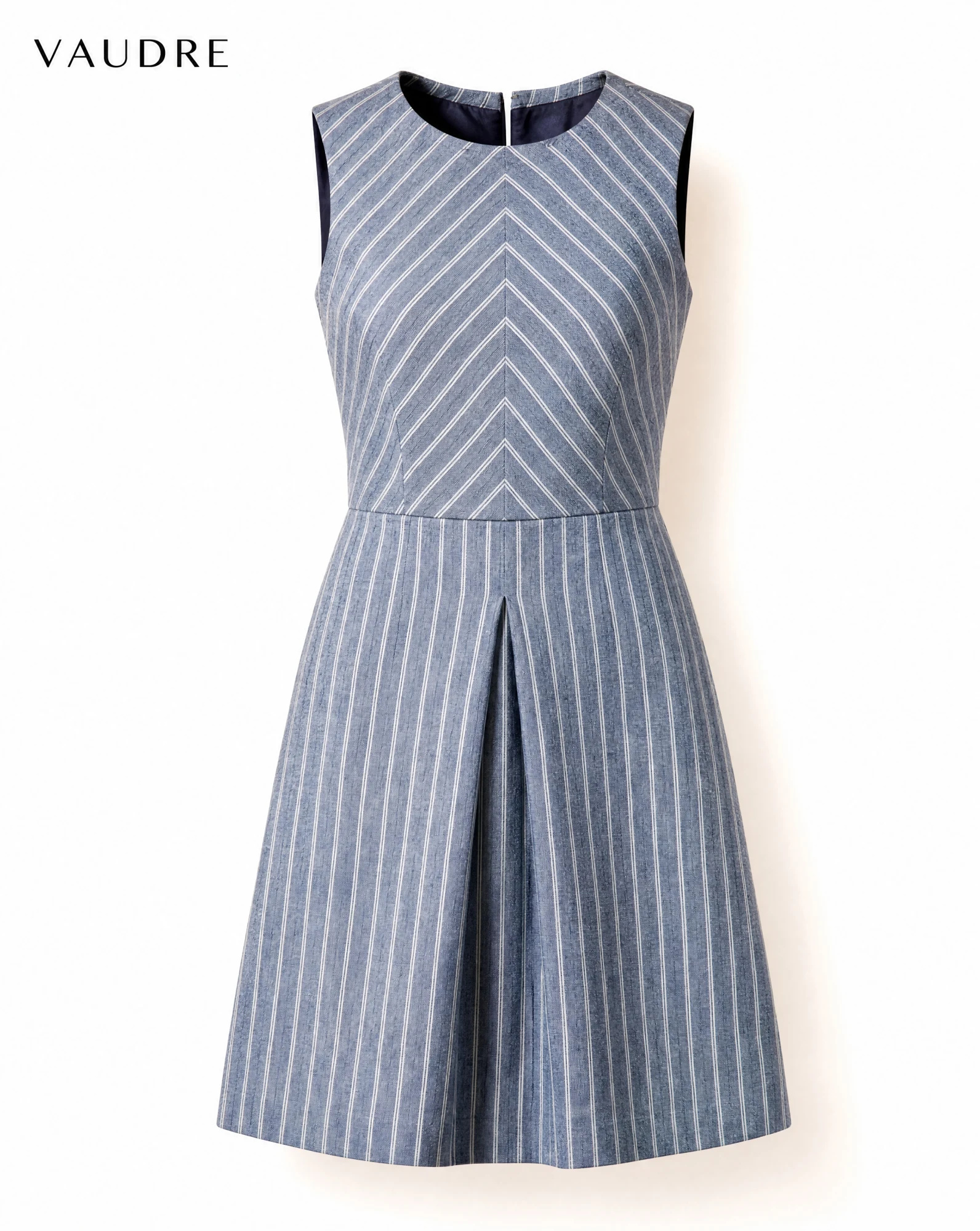 Chambray Blue Chevron-Stripe Cross-Back Mini Dress — Chambray Blue Dusty Denim Blue with Iv — the linen edit — VAUDRE numbered luxury