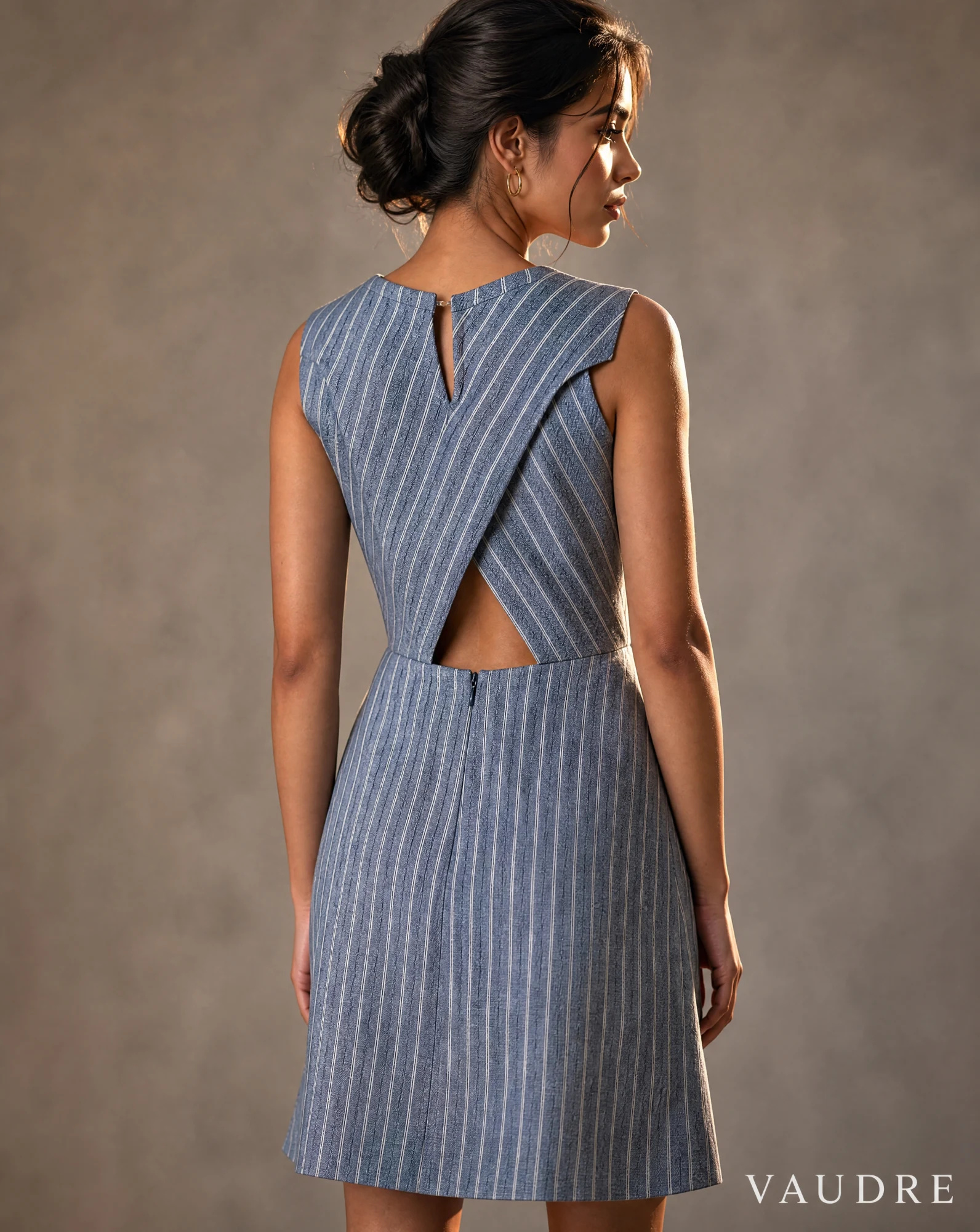 Chambray Blue Chevron-Stripe Cross-Back Mini Dress — Chambray Blue Dusty Denim Blue with Iv — the linen edit — VAUDRE numbered luxury — view 2