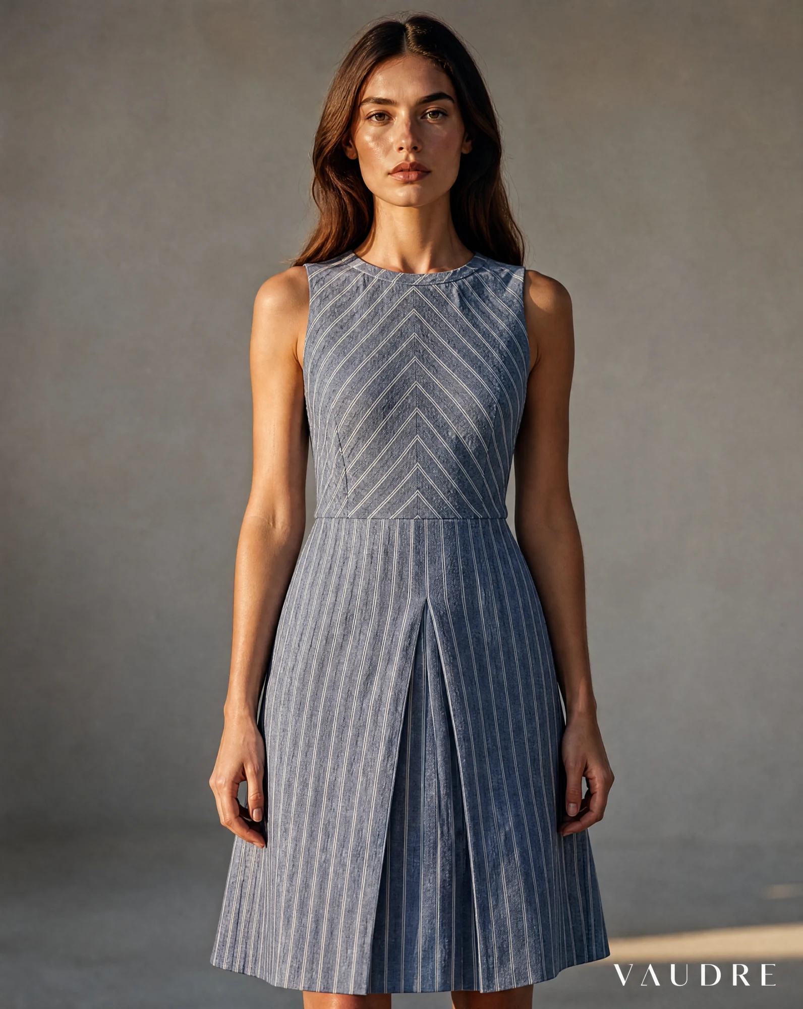 Chambray Blue Chevron-Stripe Cross-Back Mini Dress — Chambray Blue Dusty Denim Blue with Iv — the linen edit — VAUDRE numbered luxury — view 3