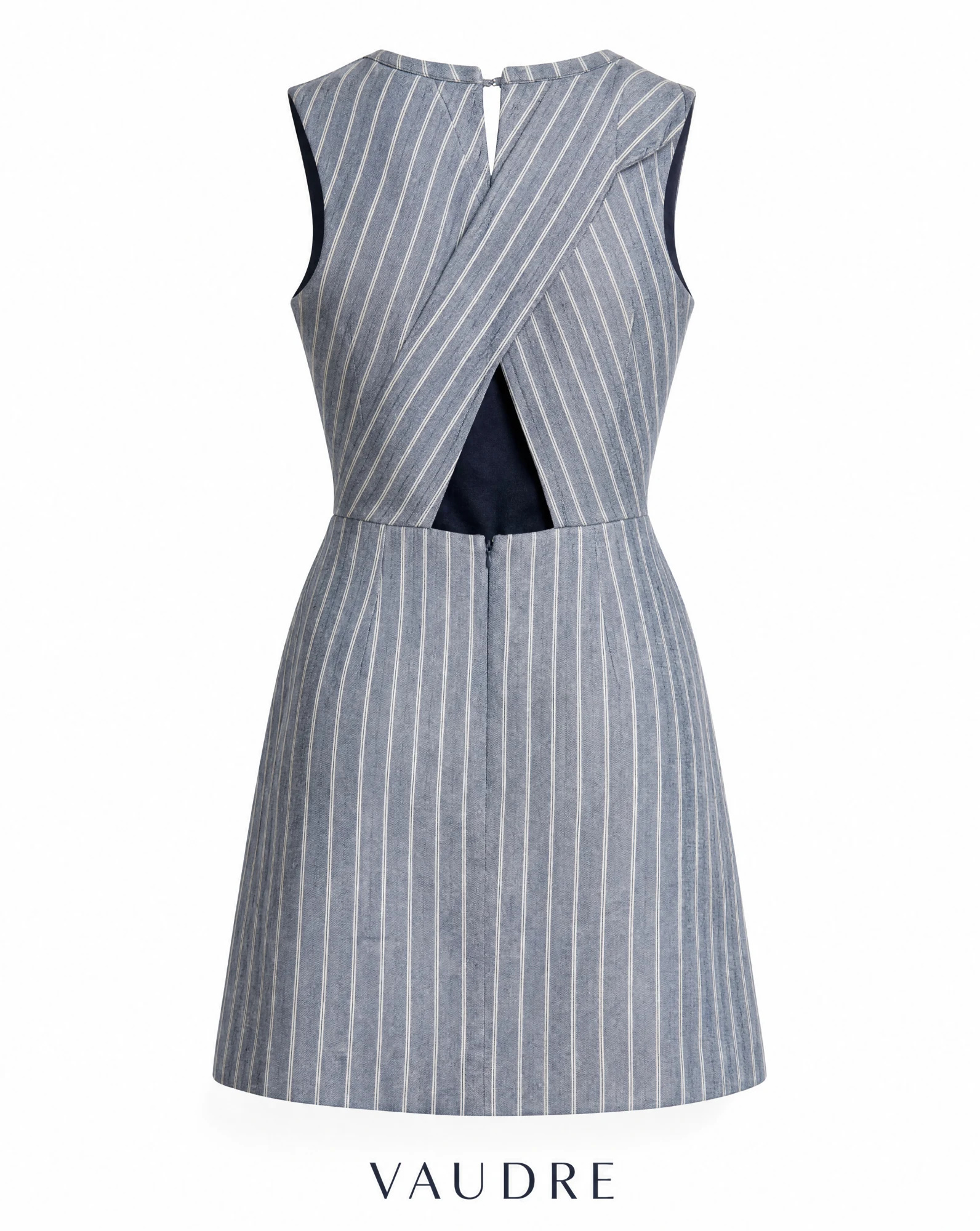 Chambray Blue Chevron-Stripe Cross-Back Mini Dress — Chambray Blue Dusty Denim Blue with Iv — the linen edit — VAUDRE numbered luxury — view 4