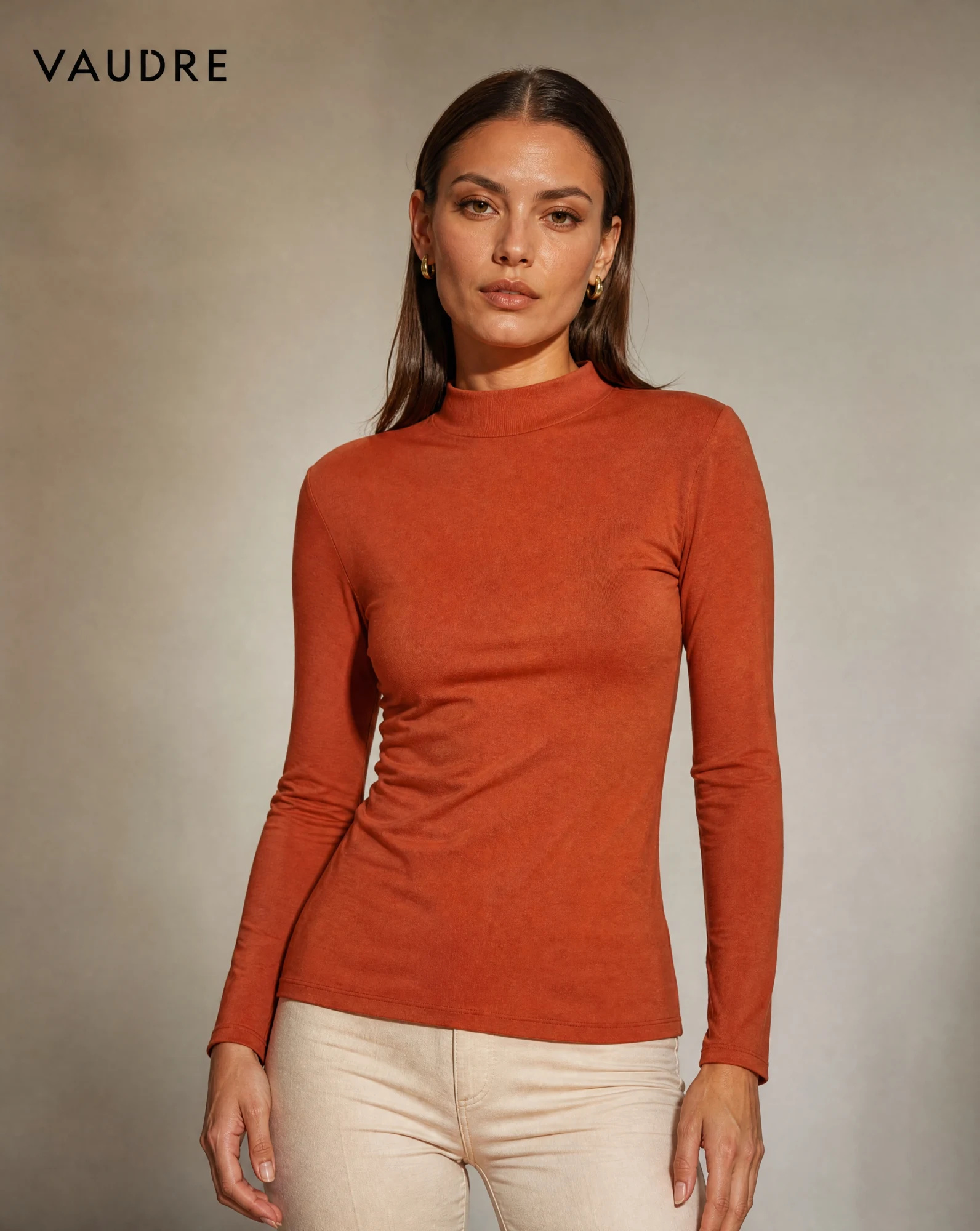 Rust Orange Ruched-Back Mock-Neck Fitted Top — Rust Orange Terracotta — crop tops — VAUDRE numbered luxury — view 2