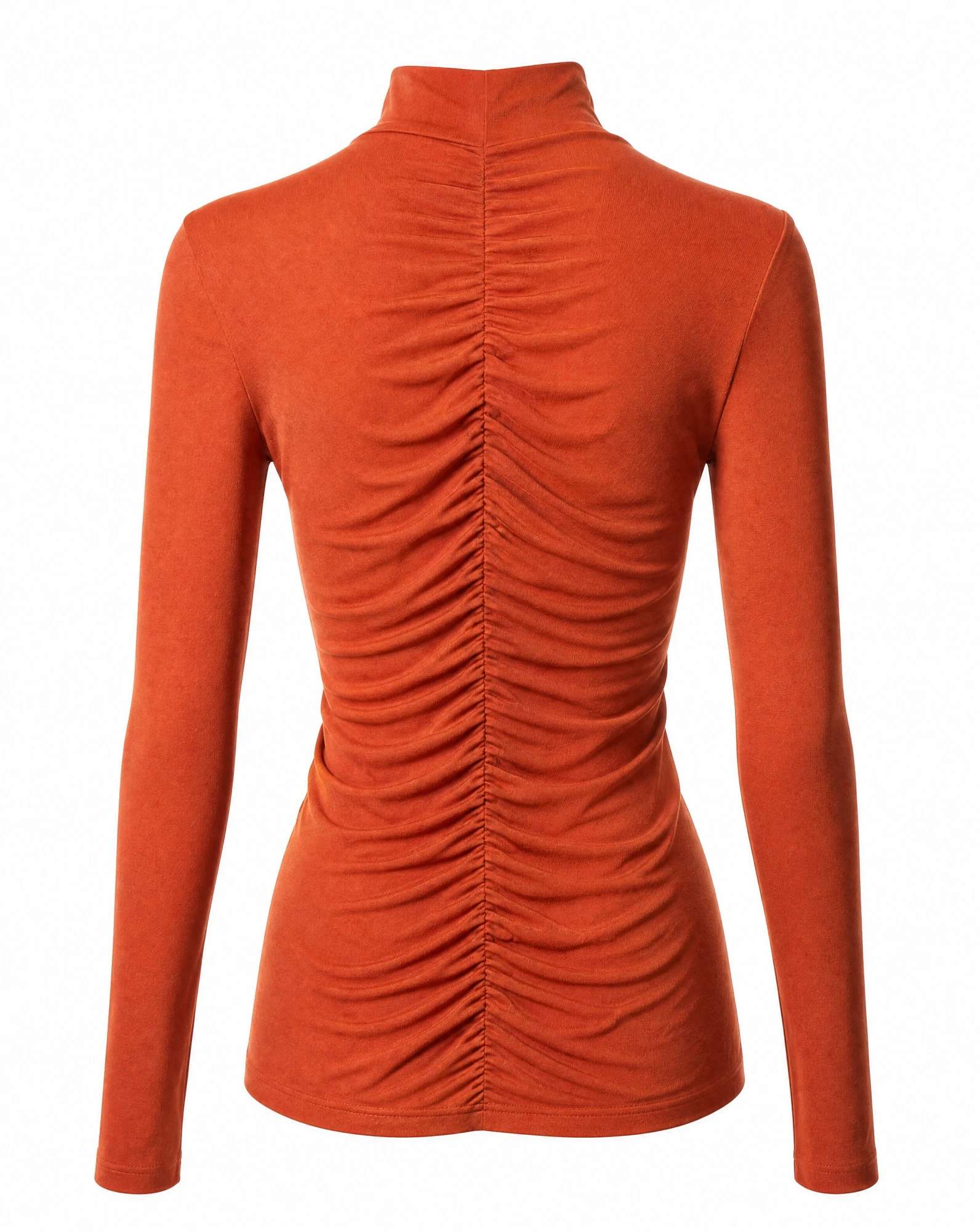 Rust Orange Ruched-Back Mock-Neck Fitted Top — Rust Orange Terracotta — crop tops — VAUDRE numbered luxury — view 3