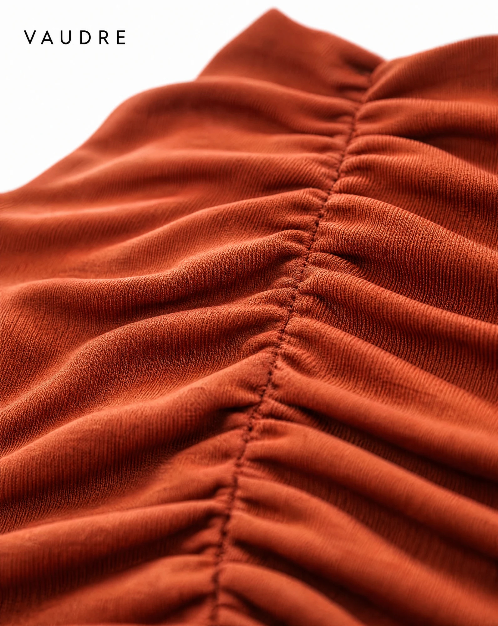 Rust Orange Ruched-Back Mock-Neck Fitted Top — Rust Orange Terracotta — crop tops — VAUDRE numbered luxury — view 5