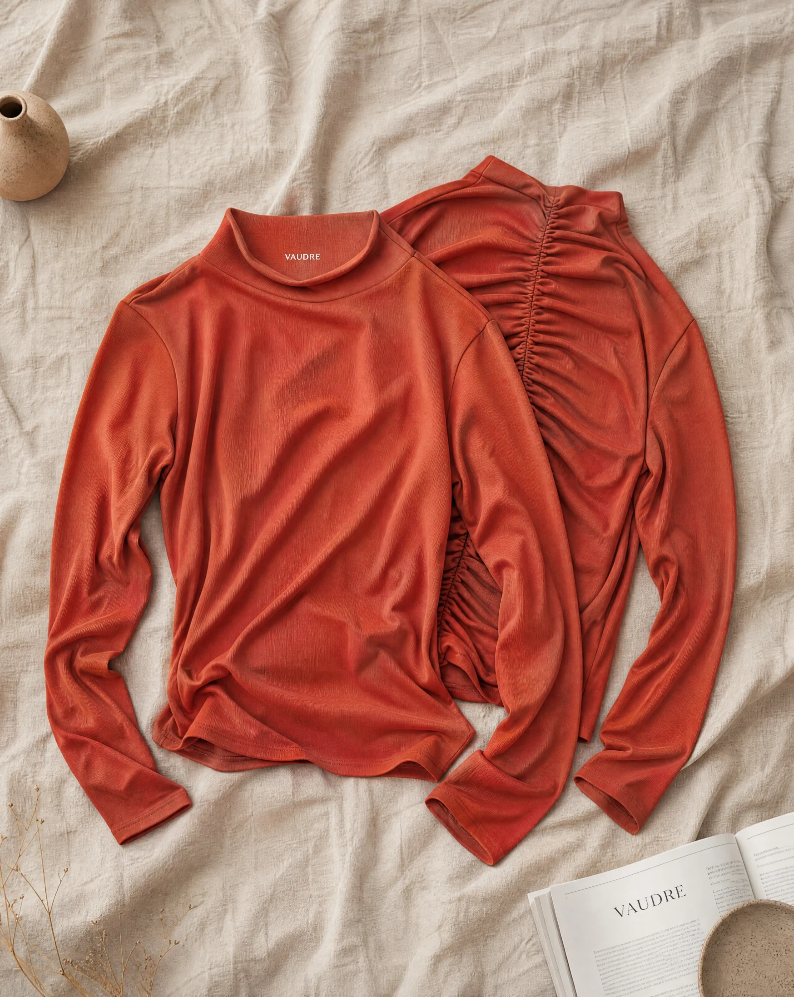 Rust Orange Ruched-Back Mock-Neck Fitted Top — Rust Orange Terracotta — crop tops — VAUDRE numbered luxury — view 6