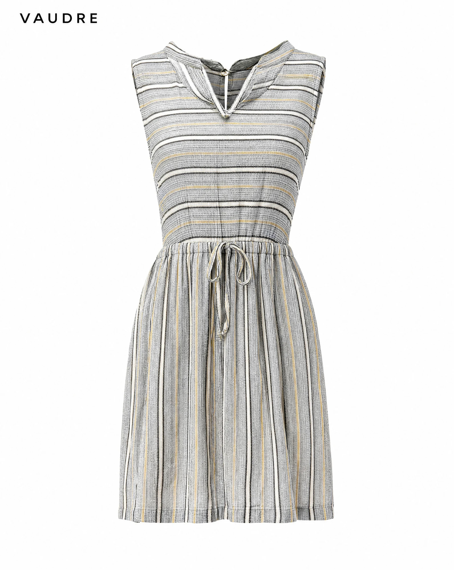 Sand Stripe Cross-Back Drawstring Mini Dress — Sand Beige Grey with Ivory Charcoal & — the linen edit — VAUDRE numbered luxury