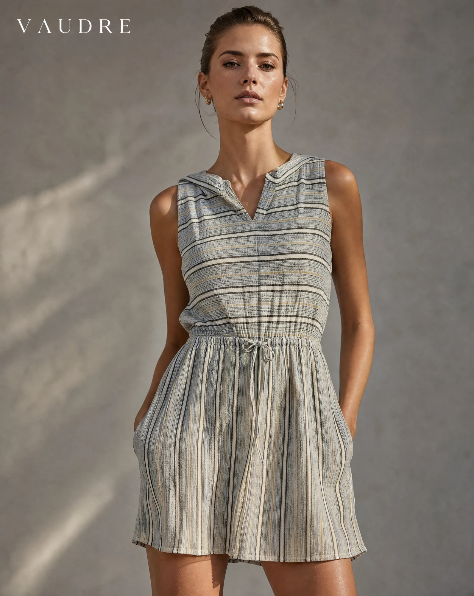 Sand Stripe Cross-Back Drawstring Mini Dress — Sand Beige Grey with Ivory Charcoal & — the linen edit — VAUDRE numbered luxury — view 2