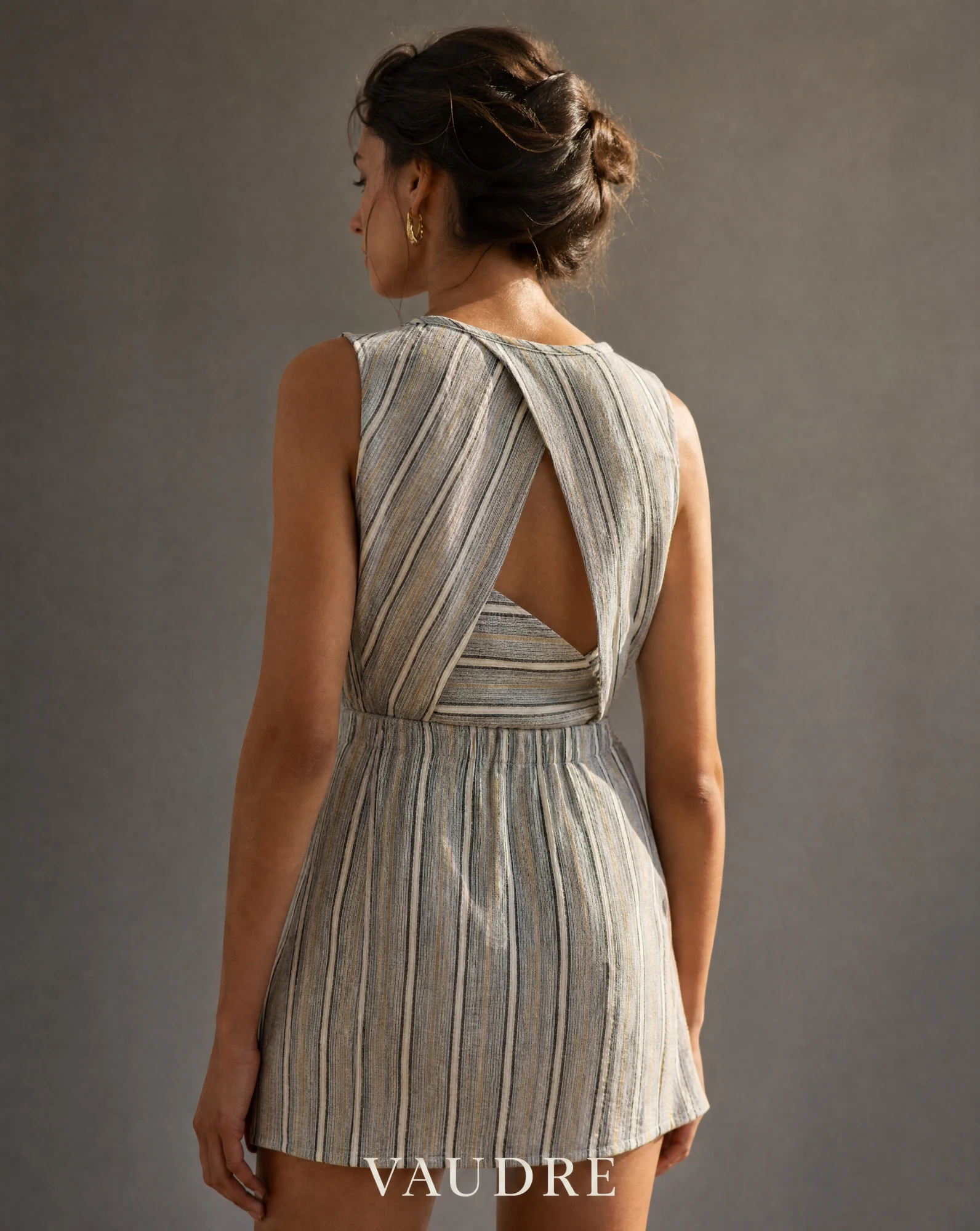 Sand Stripe Cross-Back Drawstring Mini Dress — Sand Beige Grey with Ivory Charcoal & — the linen edit — VAUDRE numbered luxury — view 3