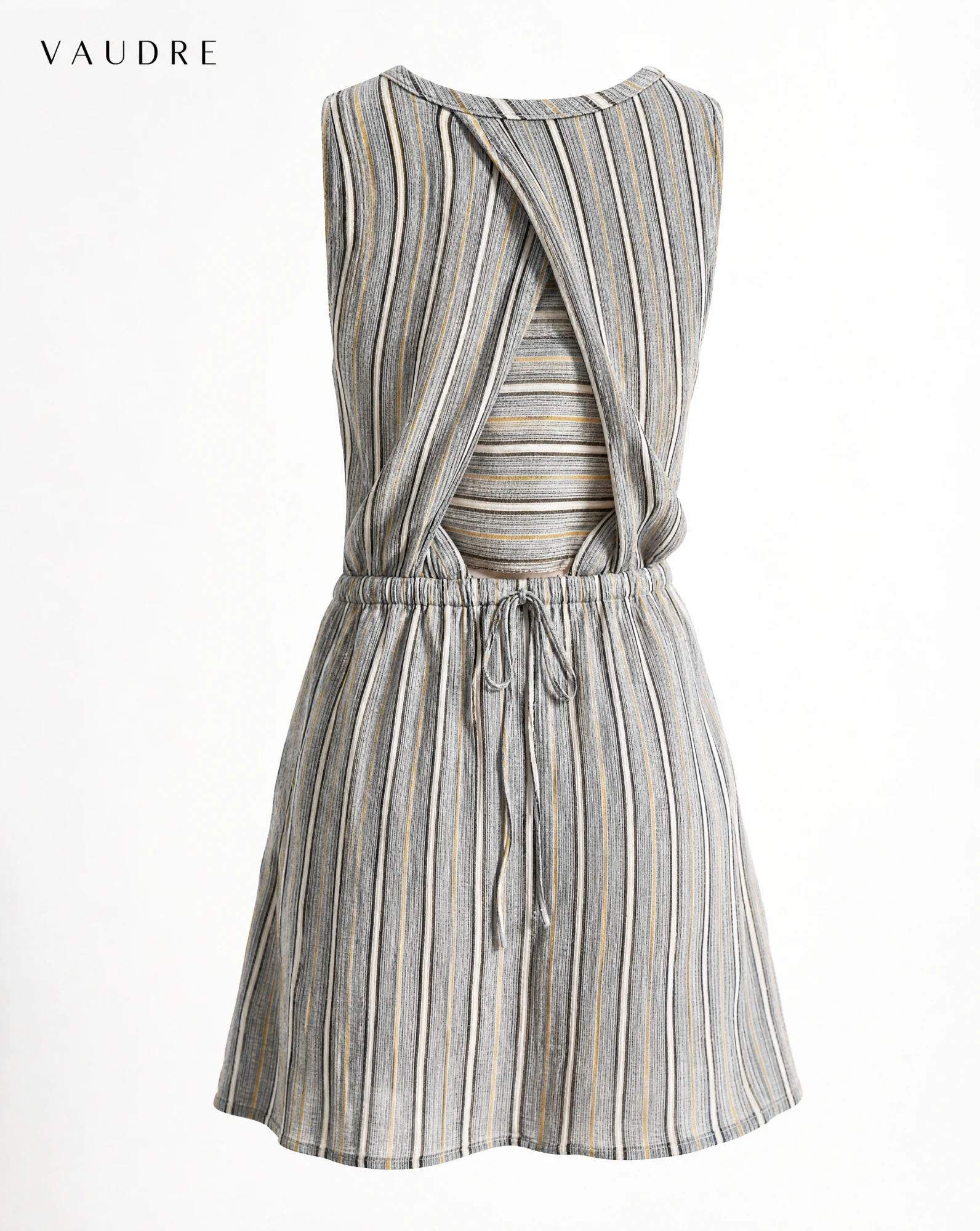 Sand Stripe Cross-Back Drawstring Mini Dress — Sand Beige Grey with Ivory Charcoal & — the linen edit — VAUDRE numbered luxury — view 4