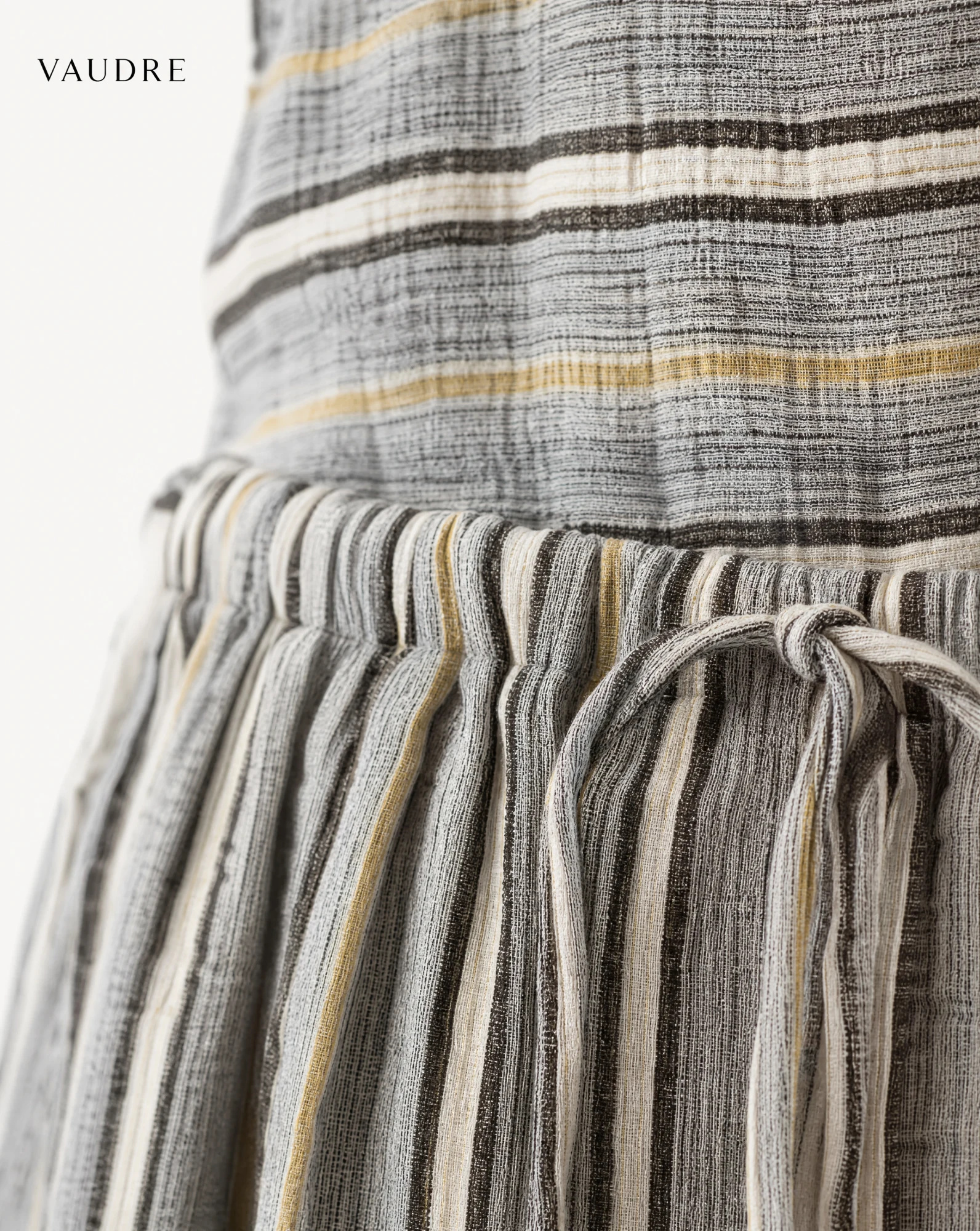Sand Stripe Cross-Back Drawstring Mini Dress — Sand Beige Grey with Ivory Charcoal & — the linen edit — VAUDRE numbered luxury — view 5