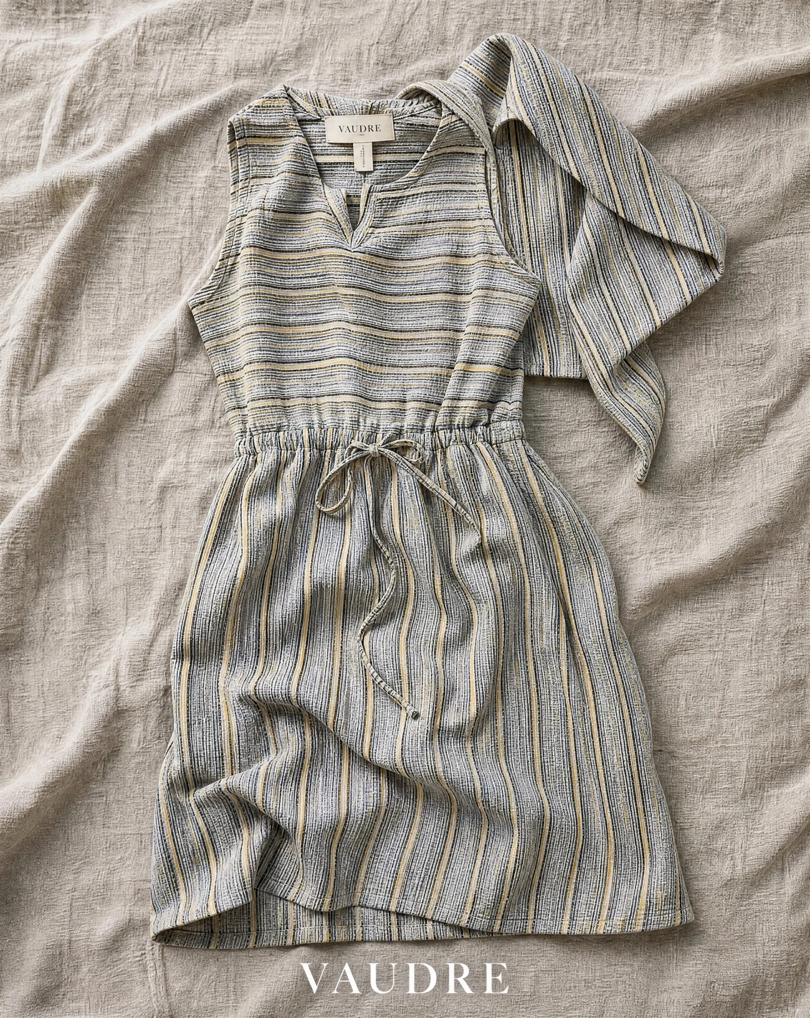 Sand Stripe Cross-Back Drawstring Mini Dress — Sand Beige Grey with Ivory Charcoal & — the linen edit — VAUDRE numbered luxury — view 6