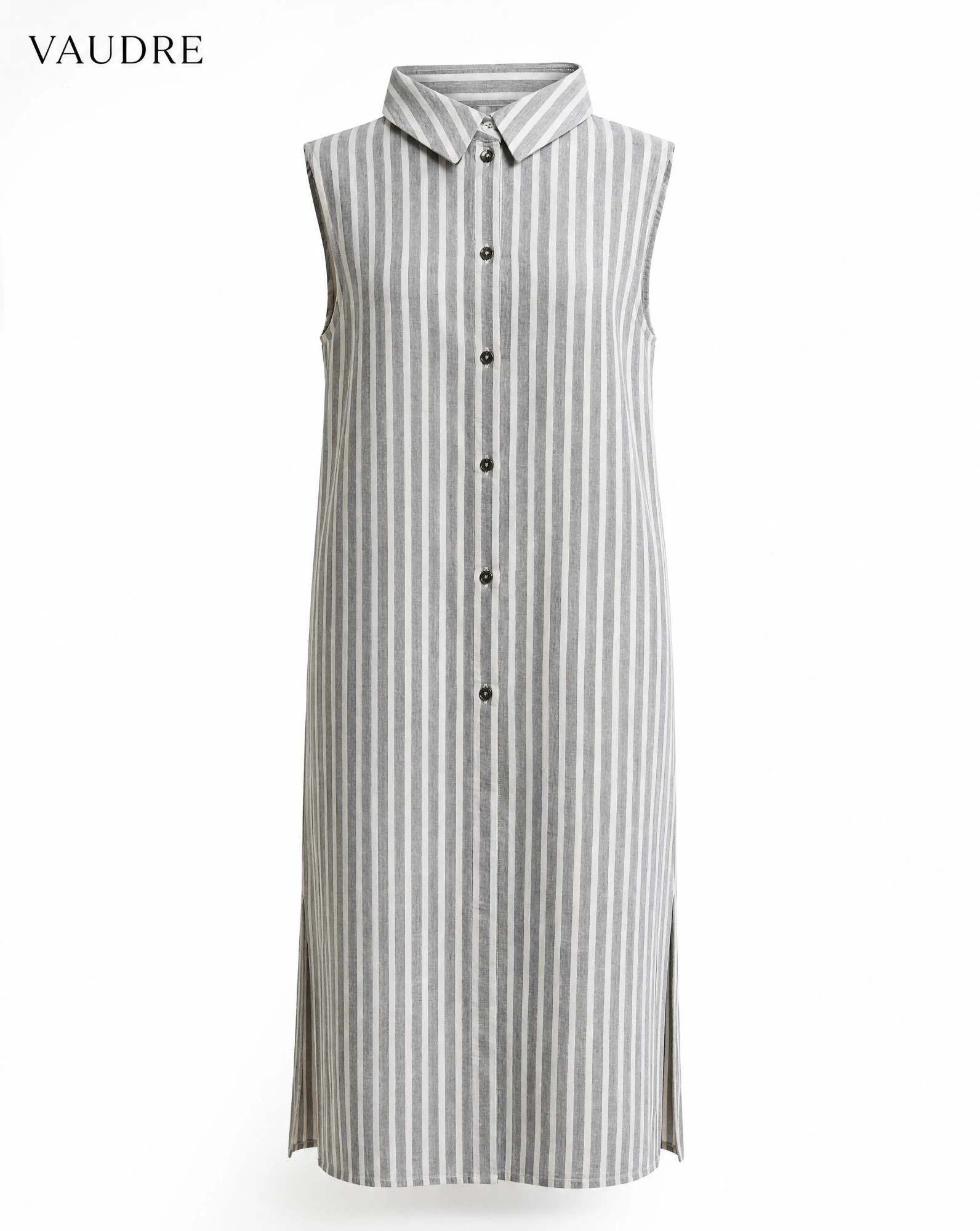 Grey Stripe Sleeveless Button-Front Midi Shirt Dress — Soft Grey Charcoal with Ivory White Ve — resort wear — VAUDRE numbered luxury