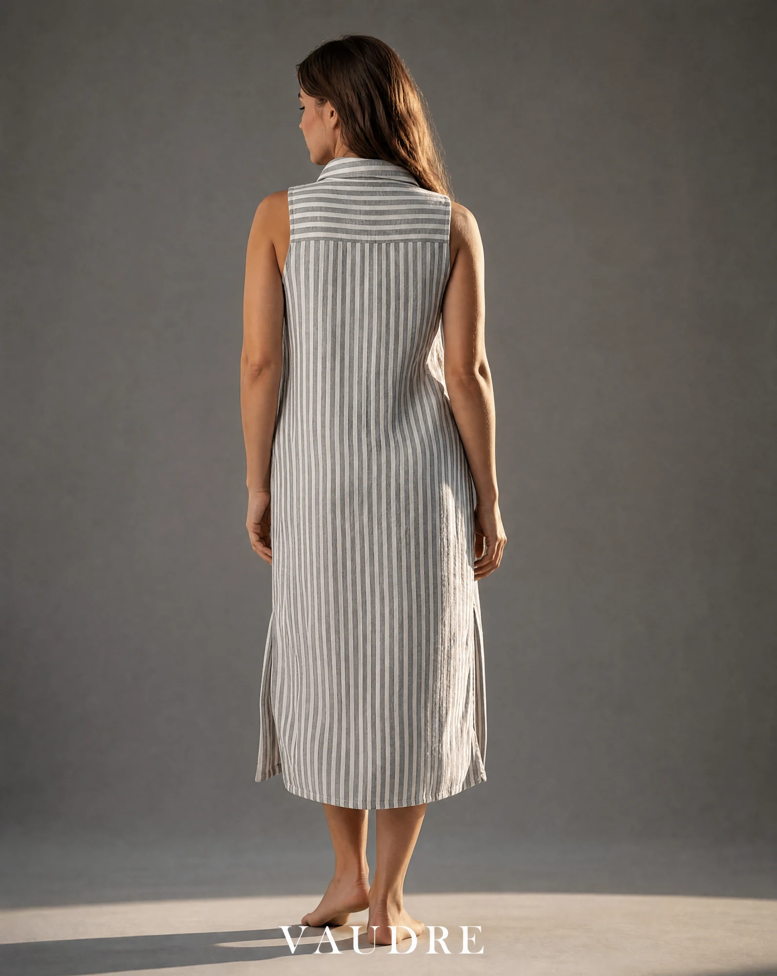Grey Stripe Sleeveless Button-Front Midi Shirt Dress — Soft Grey Charcoal with Ivory White Ve — resort wear — VAUDRE numbered luxury — view 2