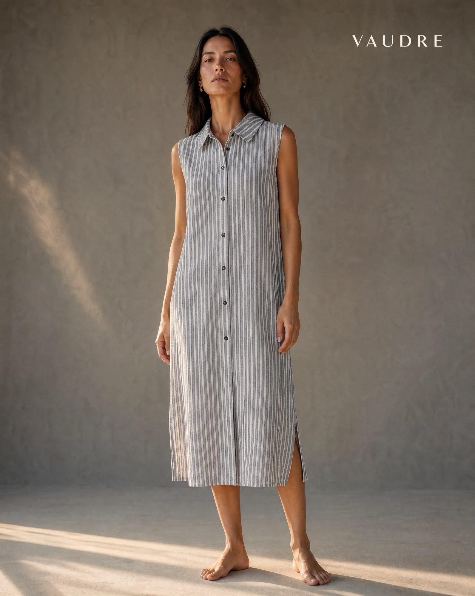 Grey Stripe Sleeveless Button-Front Midi Shirt Dress — Soft Grey Charcoal with Ivory White Ve — resort wear — VAUDRE numbered luxury — view 3