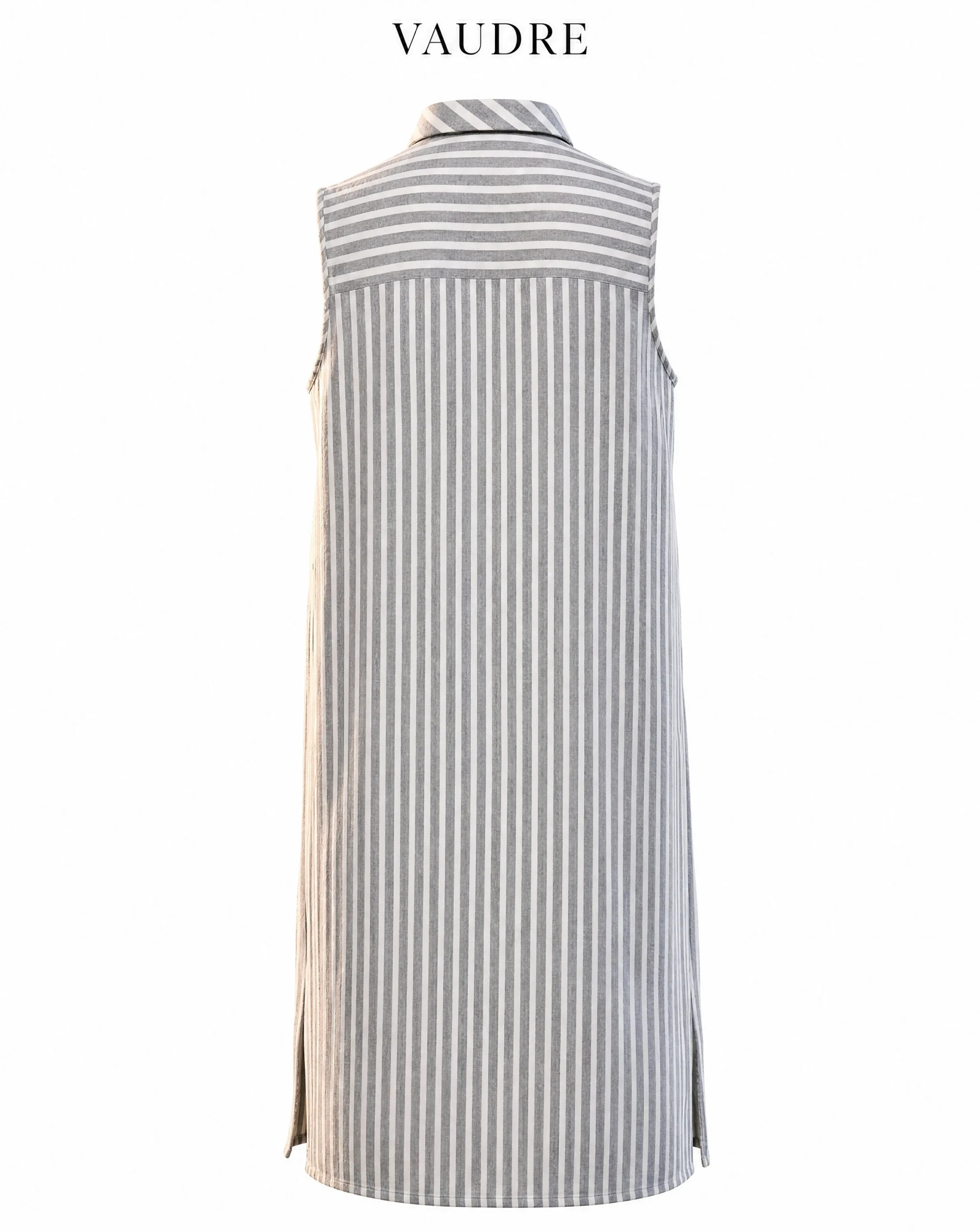 Grey Stripe Sleeveless Button-Front Midi Shirt Dress — Soft Grey Charcoal with Ivory White Ve — resort wear — VAUDRE numbered luxury — view 4