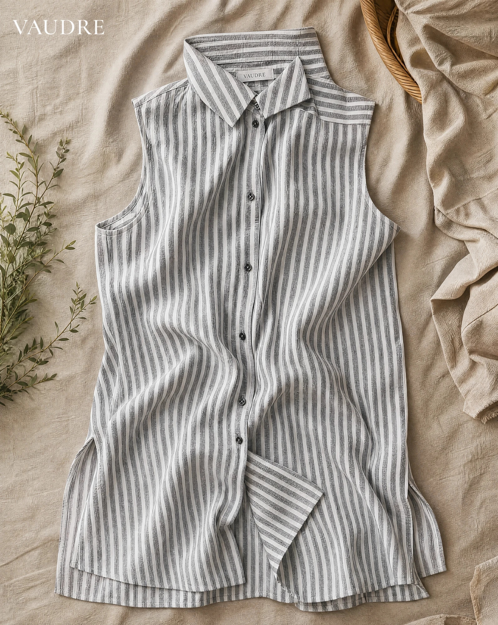 Grey Stripe Sleeveless Button-Front Midi Shirt Dress — Soft Grey Charcoal with Ivory White Ve — resort wear — VAUDRE numbered luxury — view 5