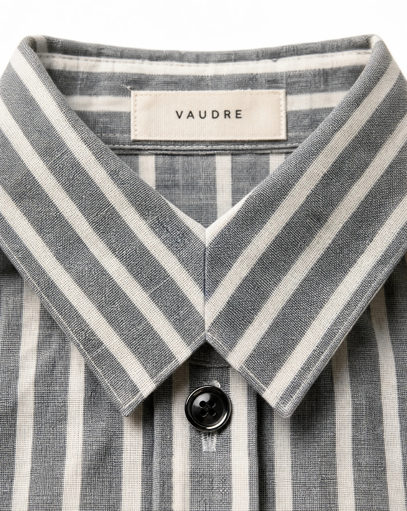 Grey Stripe Sleeveless Button-Front Midi Shirt Dress — Soft Grey Charcoal with Ivory White Ve — resort wear — VAUDRE numbered luxury — view 6