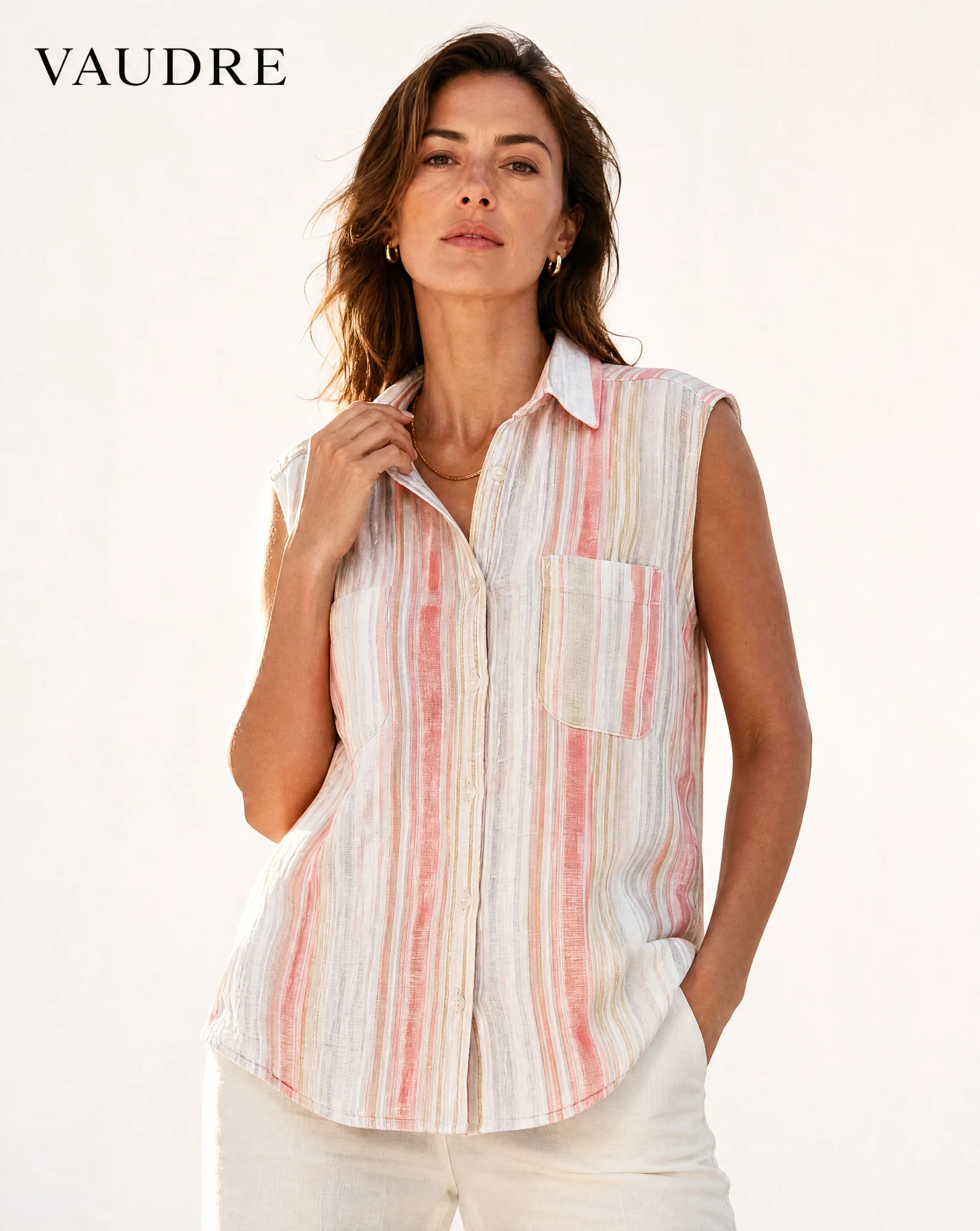 Sunset Stripe Sleeveless Dual-Pocket Linen Shirt — Ivory Sand base with Coral-Pink Soft — the linen edit — VAUDRE numbered luxury