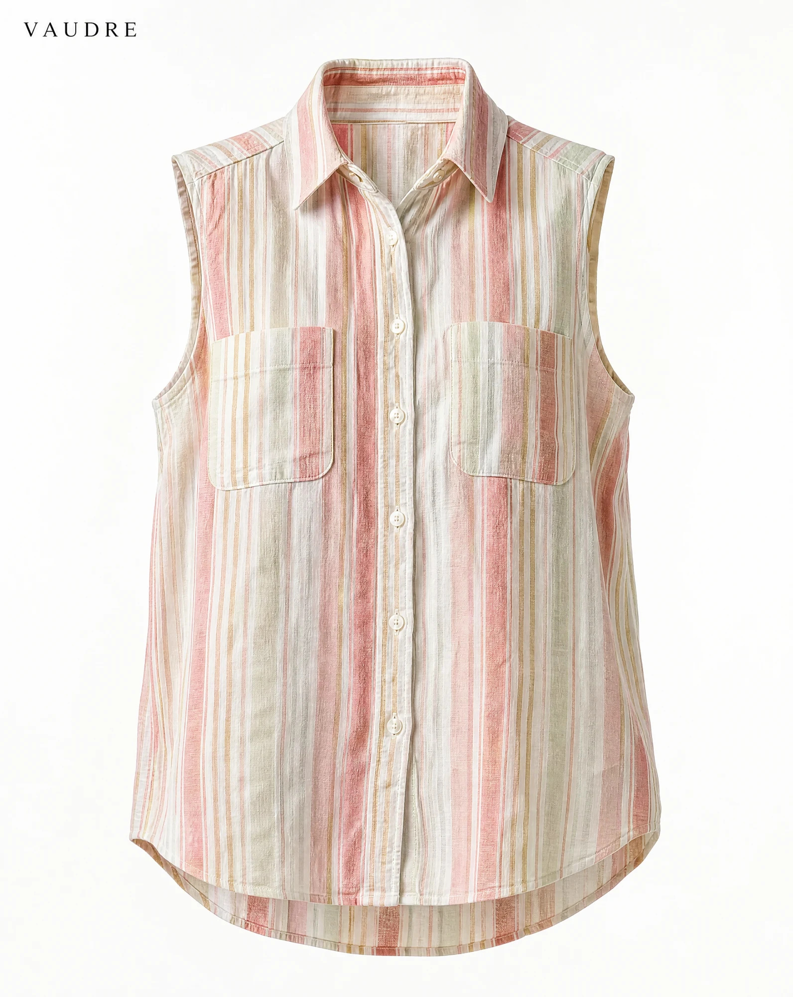 Sunset Stripe Sleeveless Dual-Pocket Linen Shirt — Ivory Sand base with Coral-Pink Soft — the linen edit — VAUDRE numbered luxury — view 2