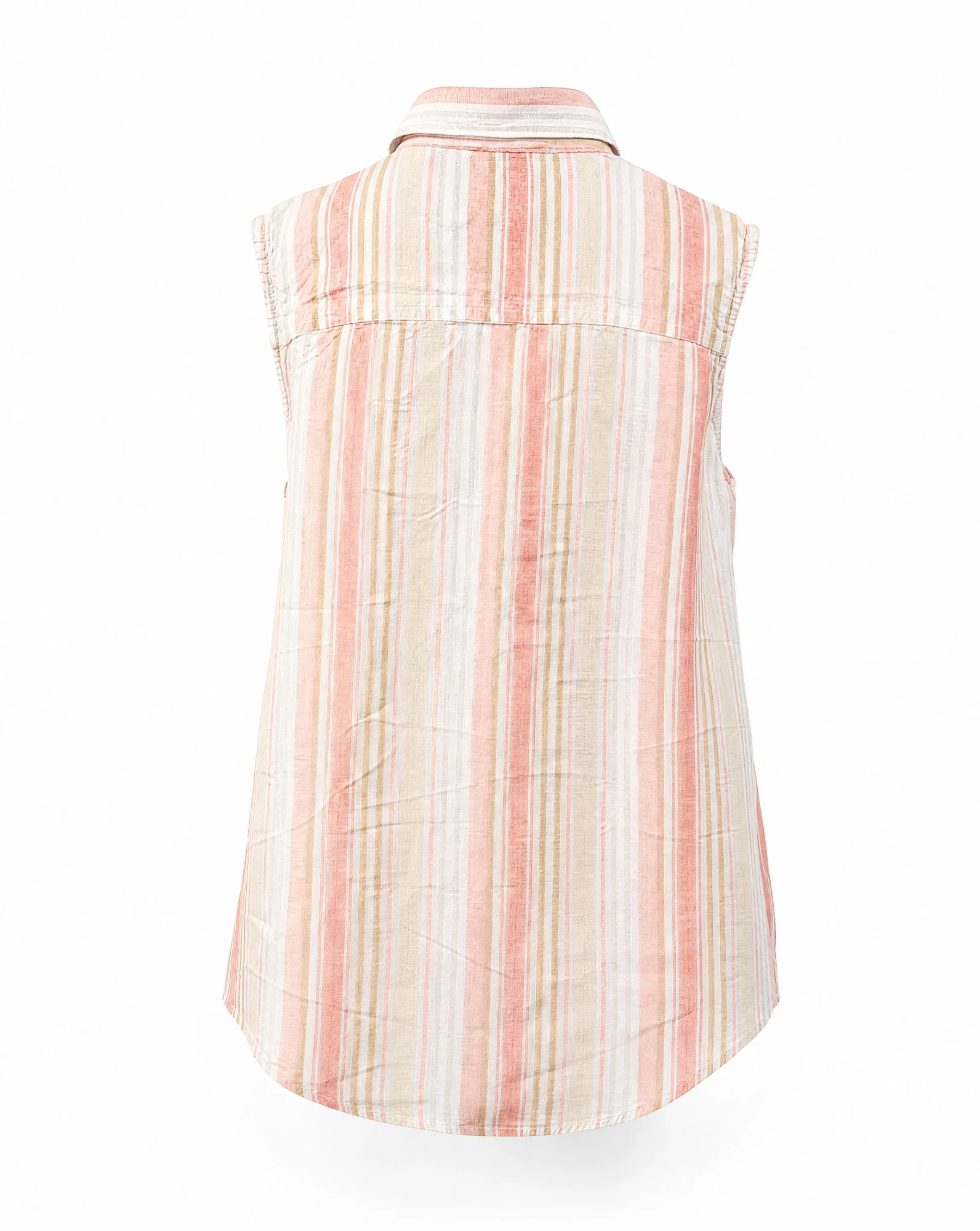 Sunset Stripe Sleeveless Dual-Pocket Linen Shirt — Ivory Sand base with Coral-Pink Soft — the linen edit — VAUDRE numbered luxury — view 3