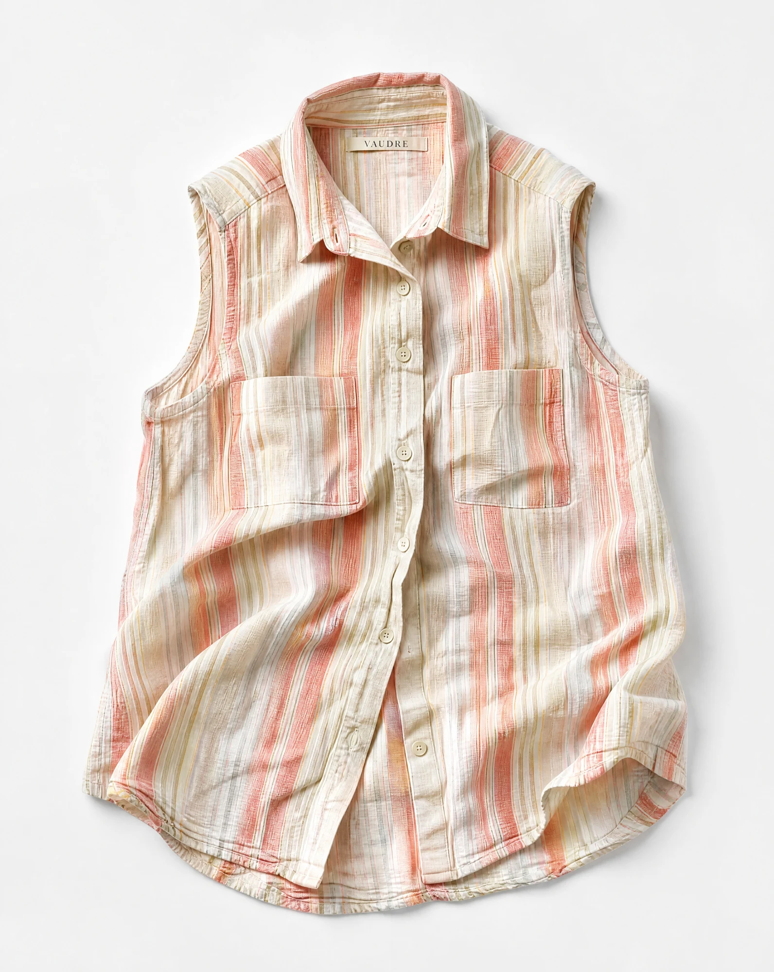 Sunset Stripe Sleeveless Dual-Pocket Linen Shirt — Ivory Sand base with Coral-Pink Soft — the linen edit — VAUDRE numbered luxury — view 4