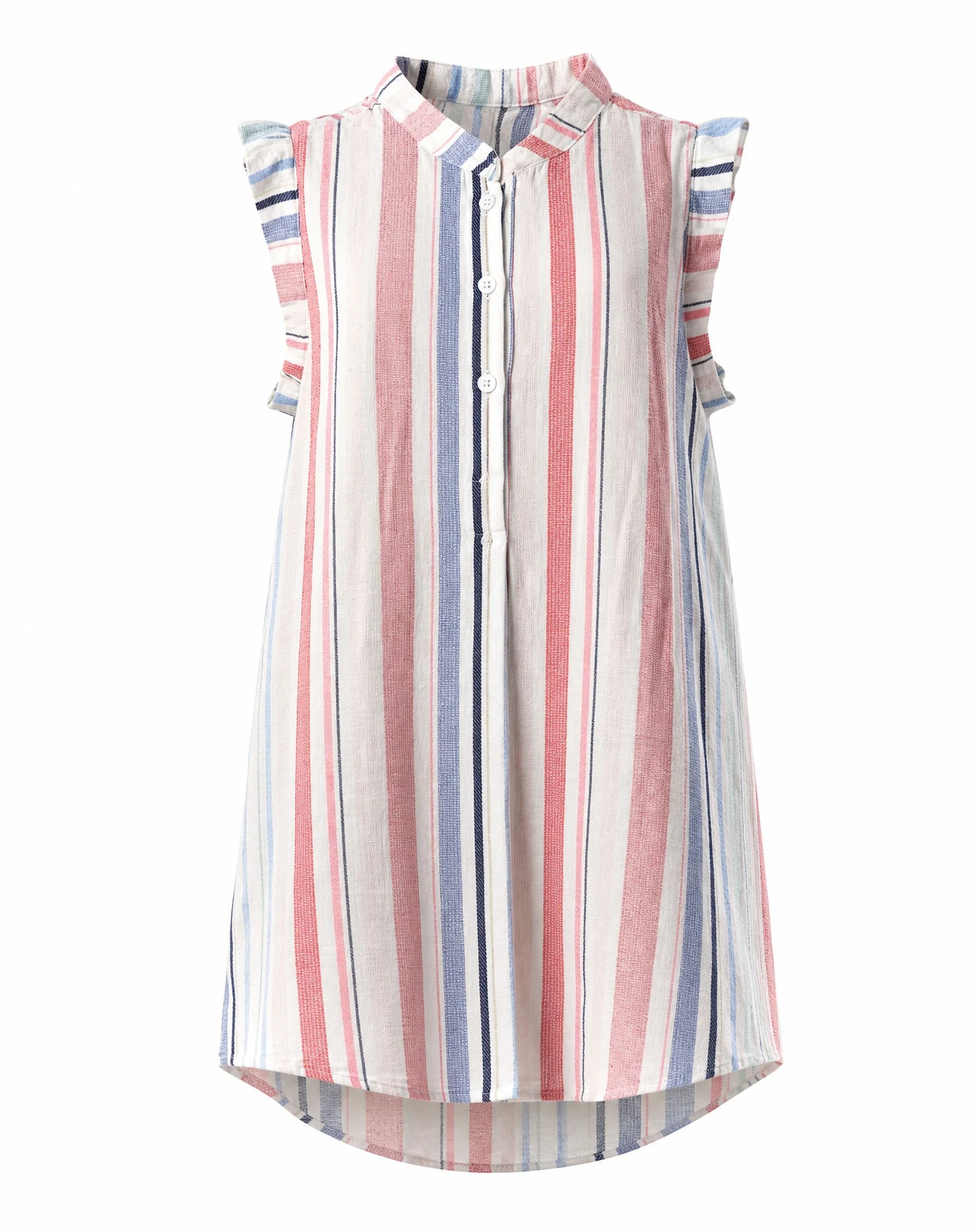 Coastal Stripe Ruffle-Sleeve Linen Shift Dress — Ivory White base with Coral-Red Navy & — the linen edit — VAUDRE numbered luxury