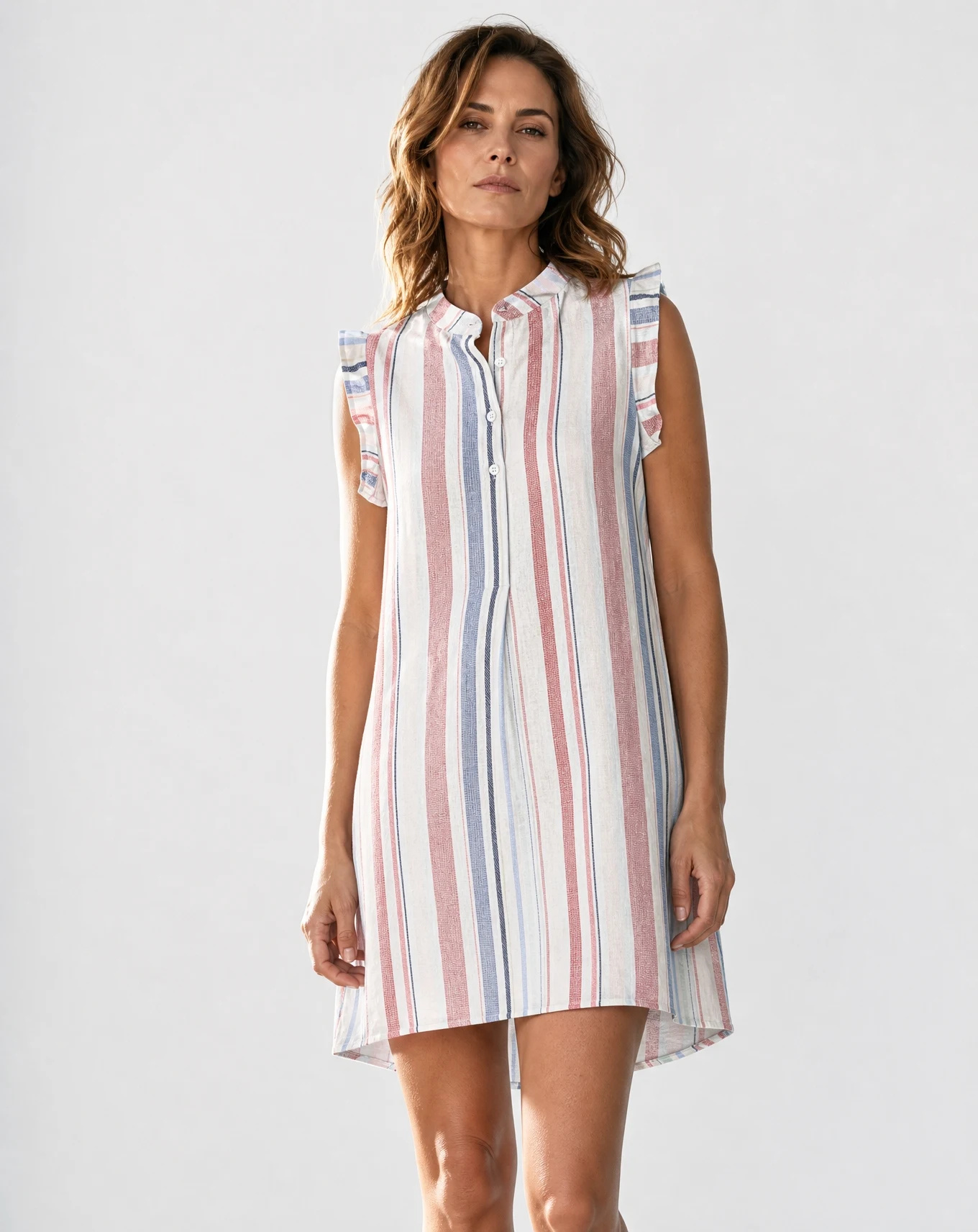 Coastal Stripe Ruffle-Sleeve Linen Shift Dress — Ivory White base with Coral-Red Navy & — the linen edit — VAUDRE numbered luxury — view 2