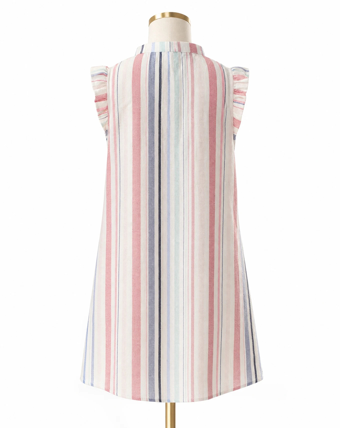 Coastal Stripe Ruffle-Sleeve Linen Shift Dress — Ivory White base with Coral-Red Navy & — the linen edit — VAUDRE numbered luxury — view 3