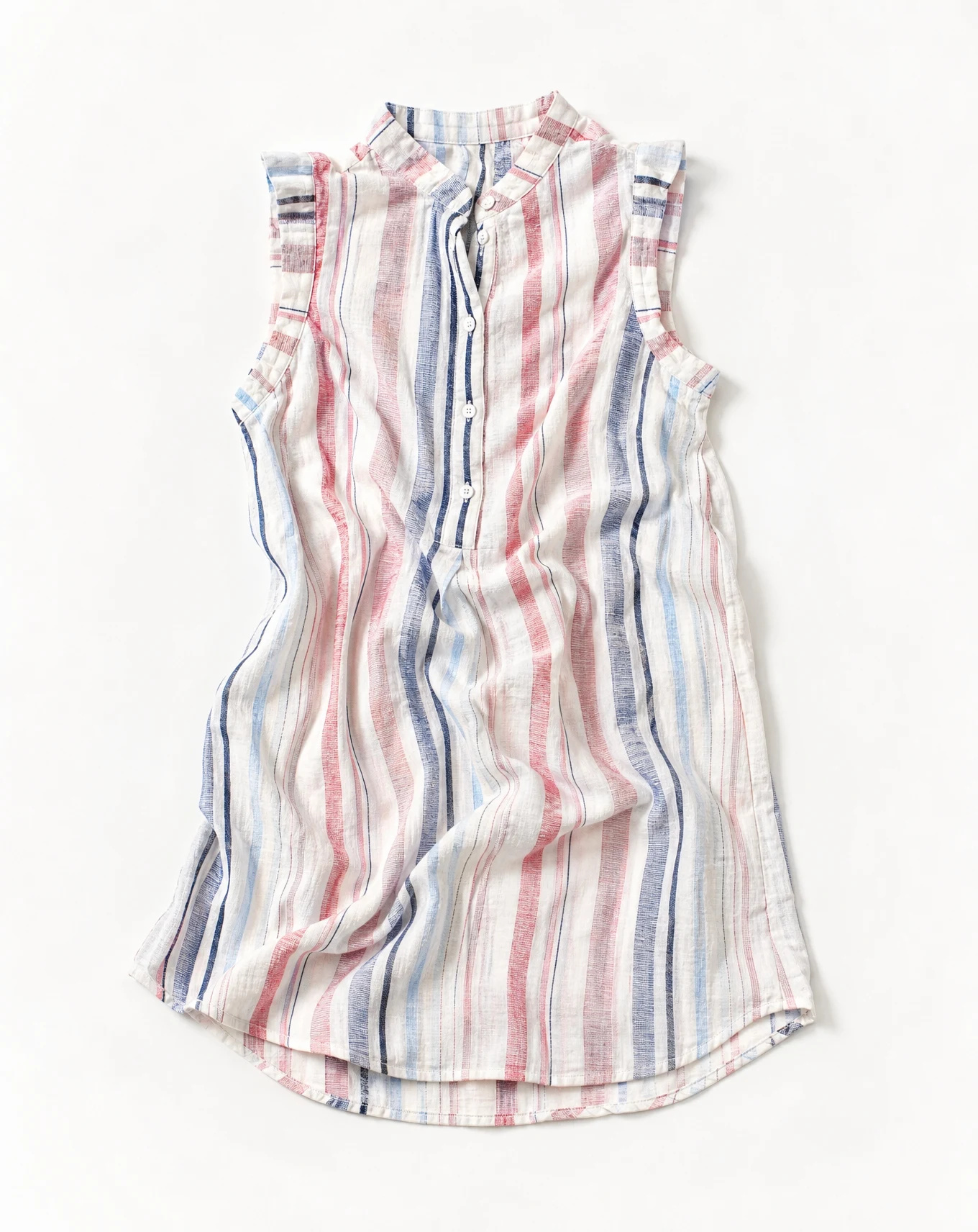 Coastal Stripe Ruffle-Sleeve Linen Shift Dress — Ivory White base with Coral-Red Navy & — the linen edit — VAUDRE numbered luxury — view 4