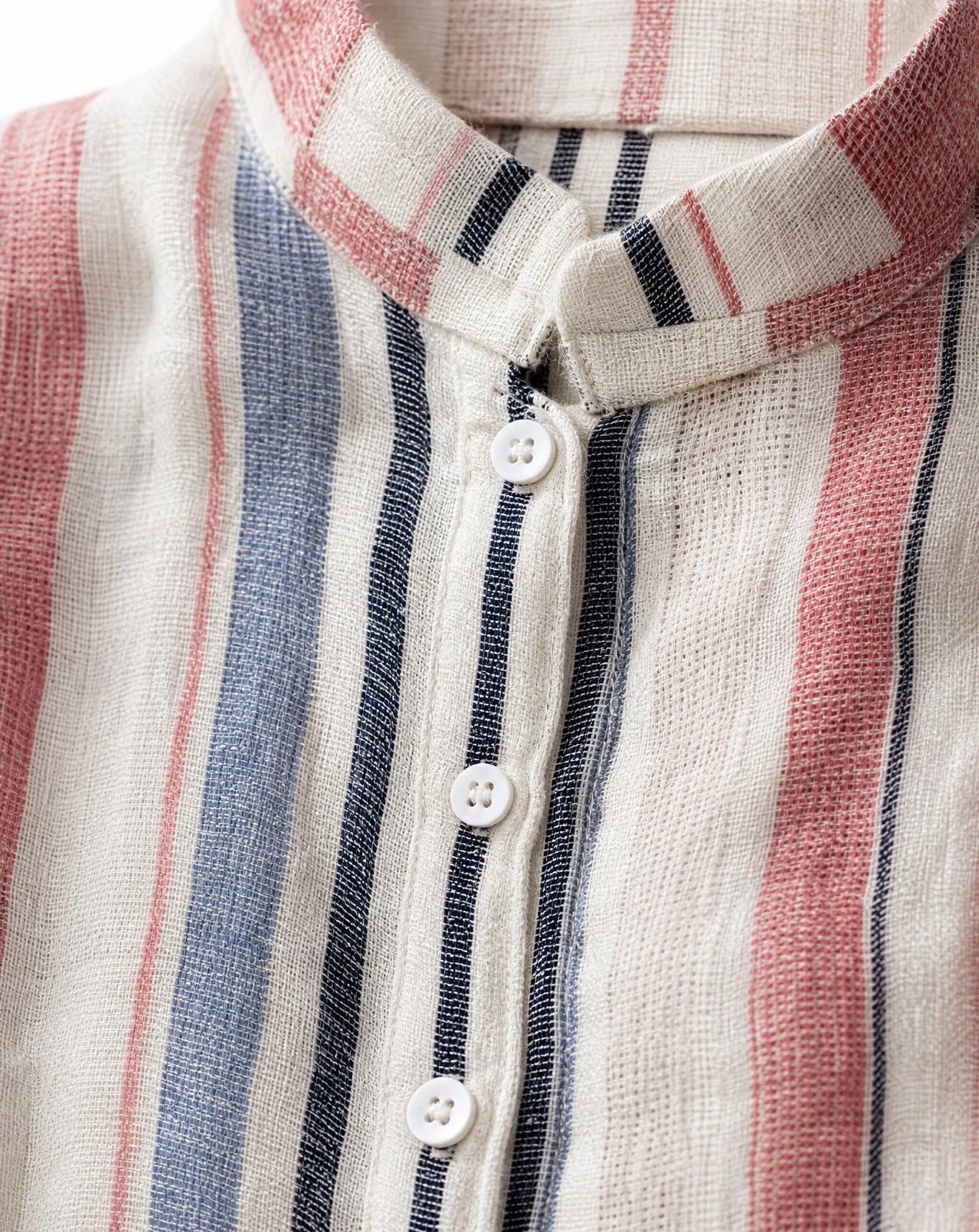 Coastal Stripe Ruffle-Sleeve Linen Shift Dress — Ivory White base with Coral-Red Navy & — the linen edit — VAUDRE numbered luxury — view 5