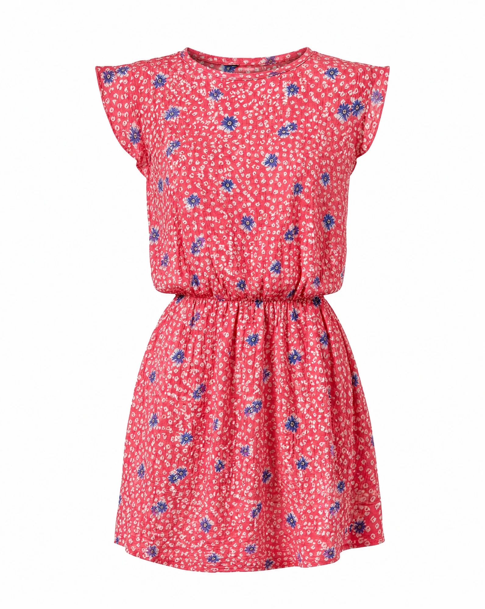 Raspberry Pink Ditsy-Floral Ruffle-Sleeve Mini Dress — Raspberry Pink Coral-Red base with Ivo — beach wear — VAUDRE numbered luxury