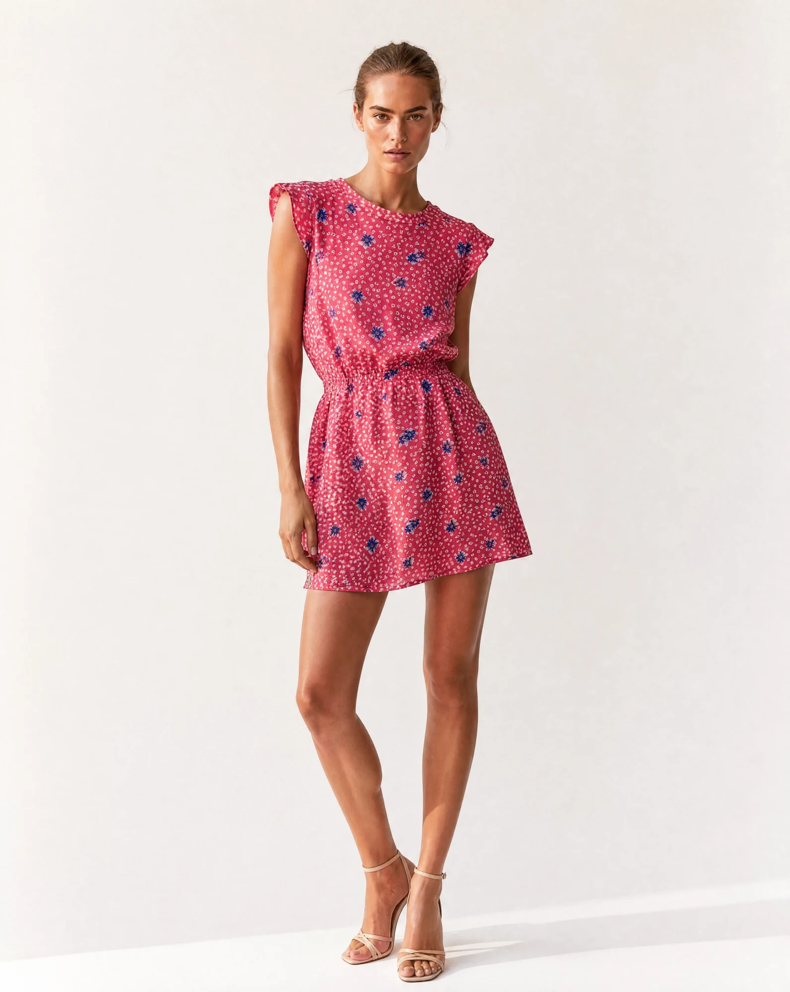 Raspberry Pink Ditsy-Floral Ruffle-Sleeve Mini Dress — Raspberry Pink Coral-Red base with Ivo — beach wear — VAUDRE numbered luxury — view 2